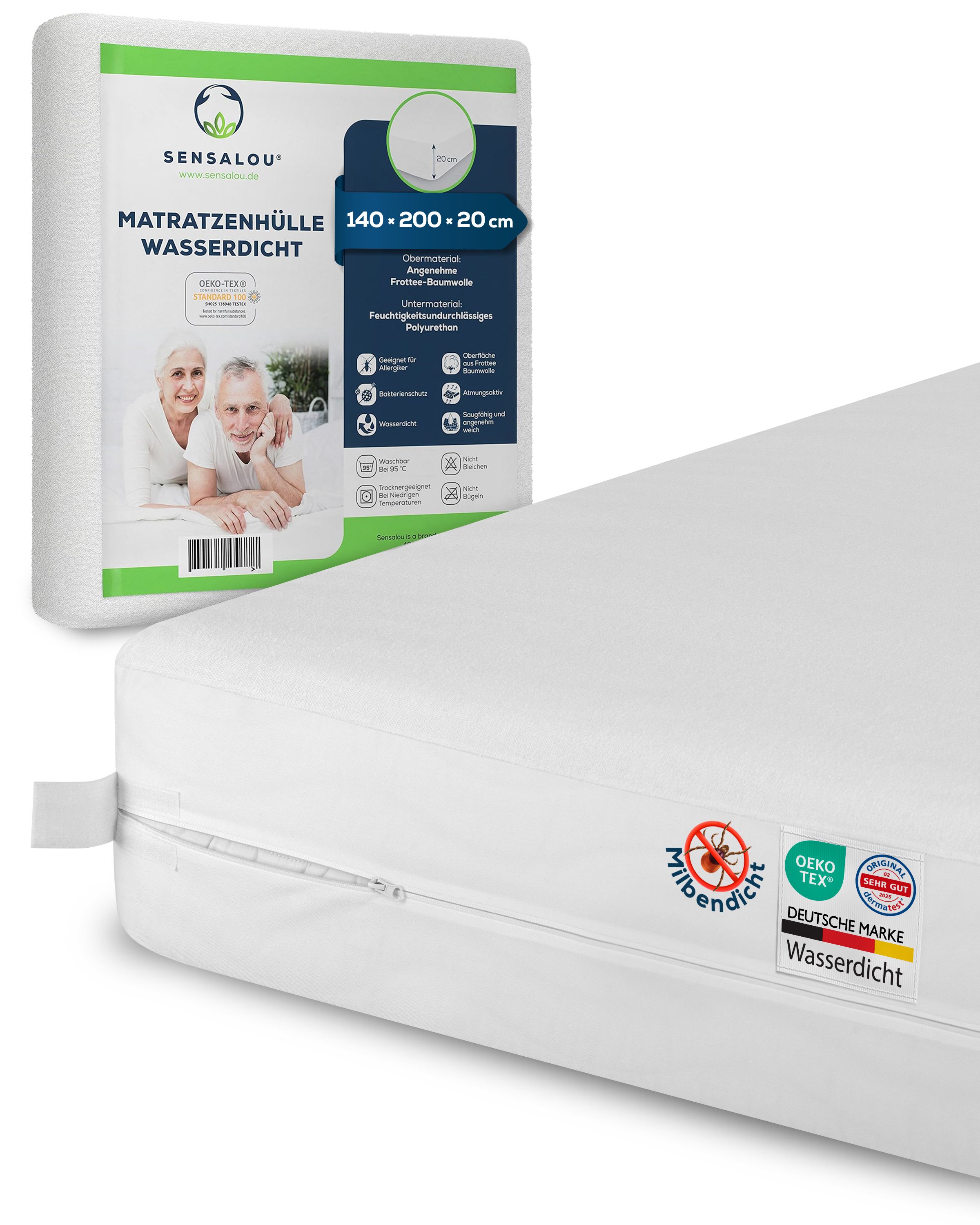 Matratzenhülle mit Reißverschluss, wasserdicht. Verpackung mit Produktinformationen und Logo. Oeko-Tex-Zertifizierung.