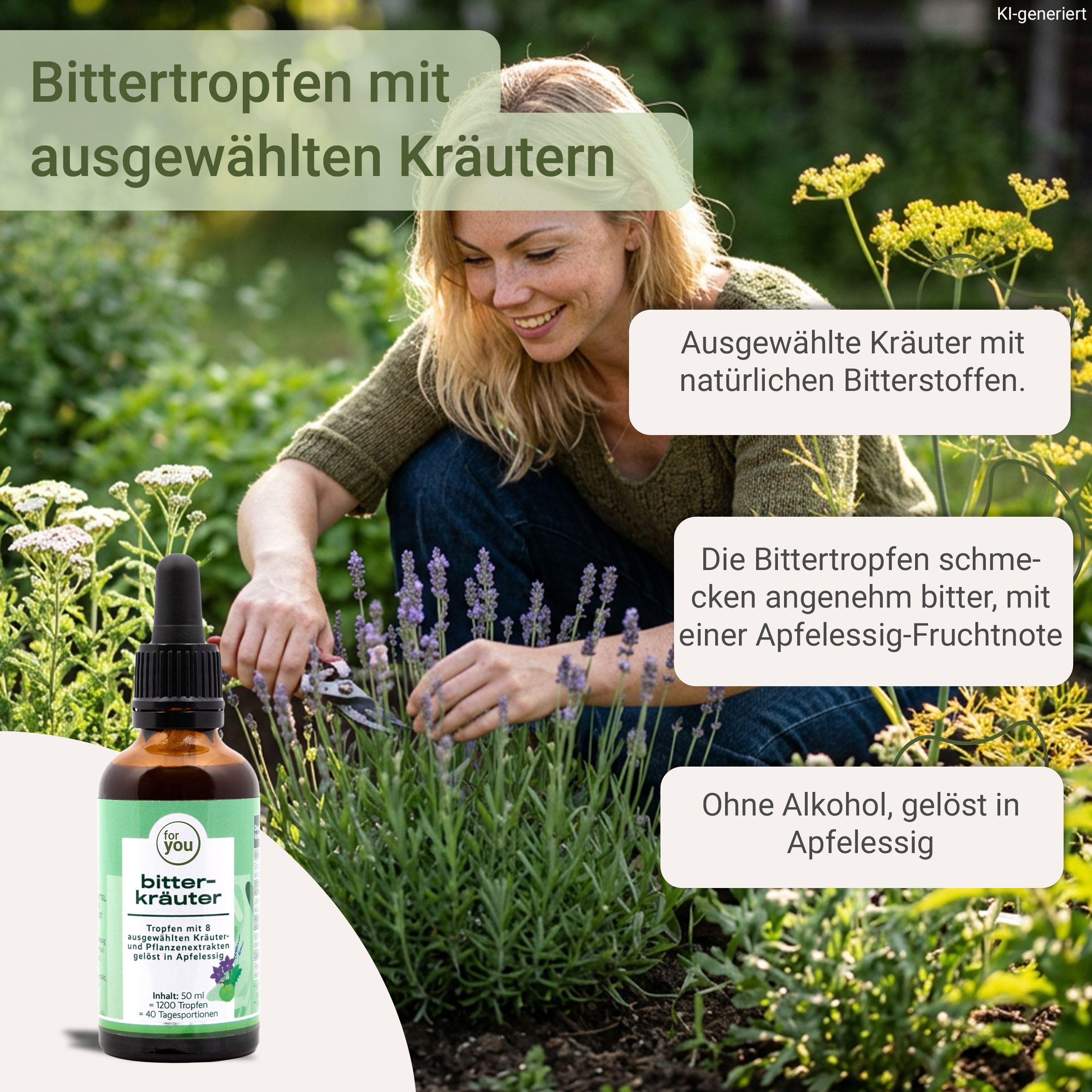 Braune Tropfenflasche mit Pipettenverschluss, umgeben von Kräutern und einer Frau im Garten.