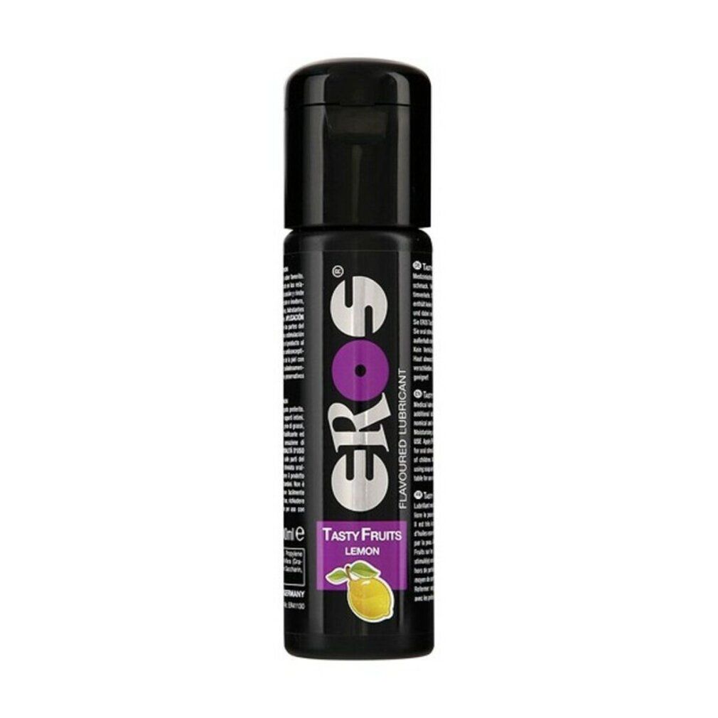 Eros Tasty Fruits Zitronen Gleitgel in schwarzer Flasche mit Klappdeckel. Lila Akzent im Logo. Zitronen-Illustration unten.