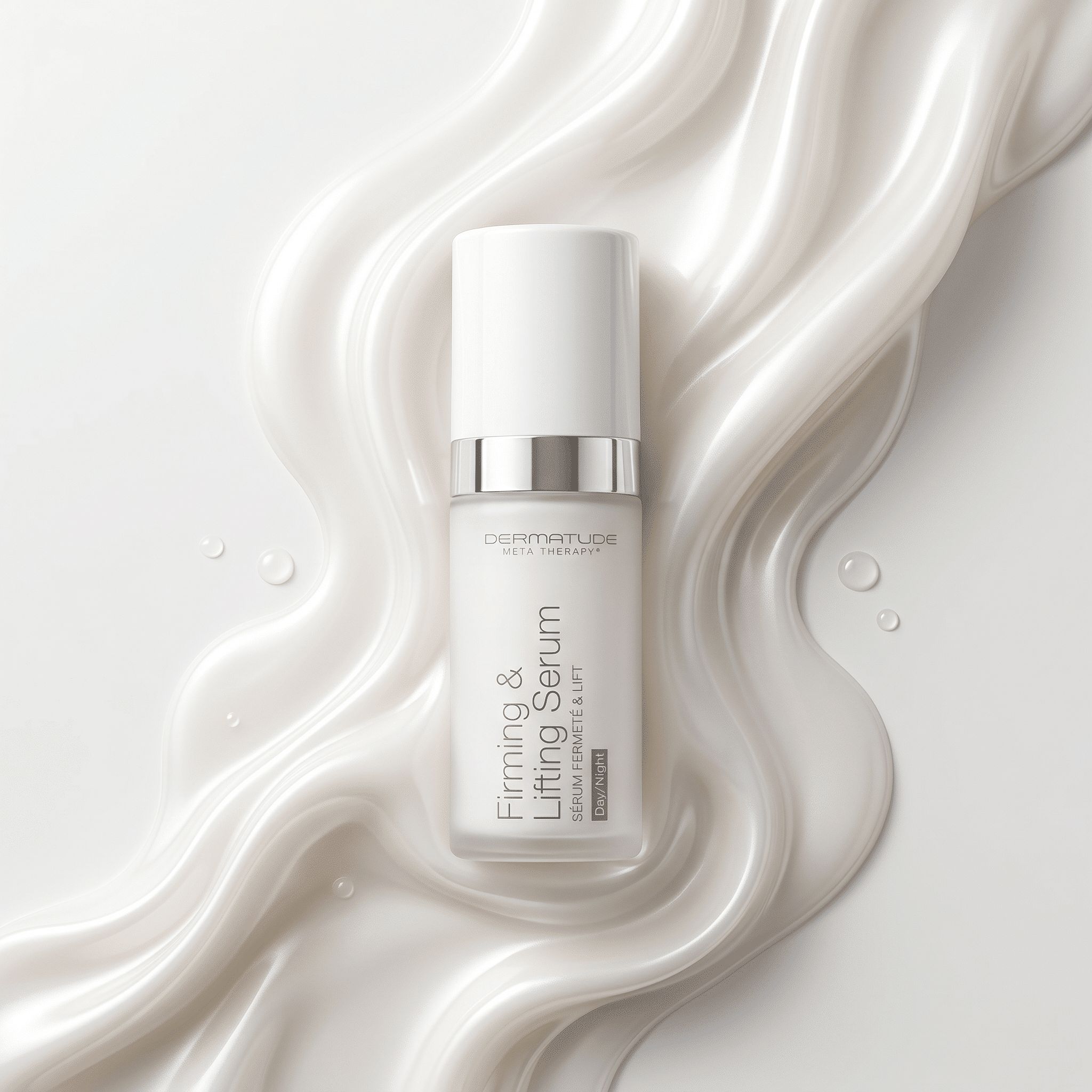 Weiße Flasche mit silbernem Ring, beschriftet mit 'Firming & Lifting Serum'.