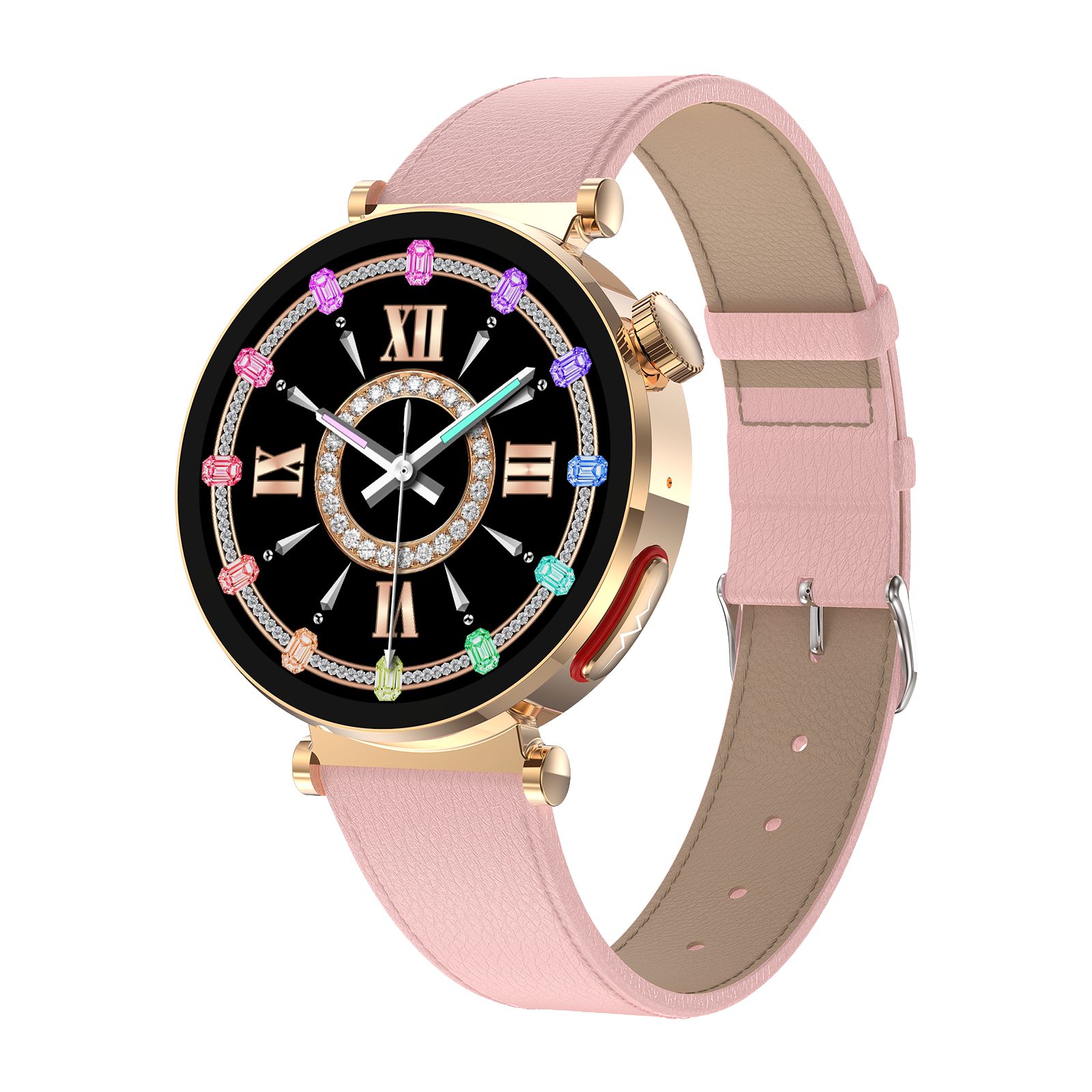 Smartwatch mit rosa Lederarmband. Schwarzes Zifferblatt mit römischen Ziffern und farbigen Kristallen. Goldfarbenes Gehäuse.