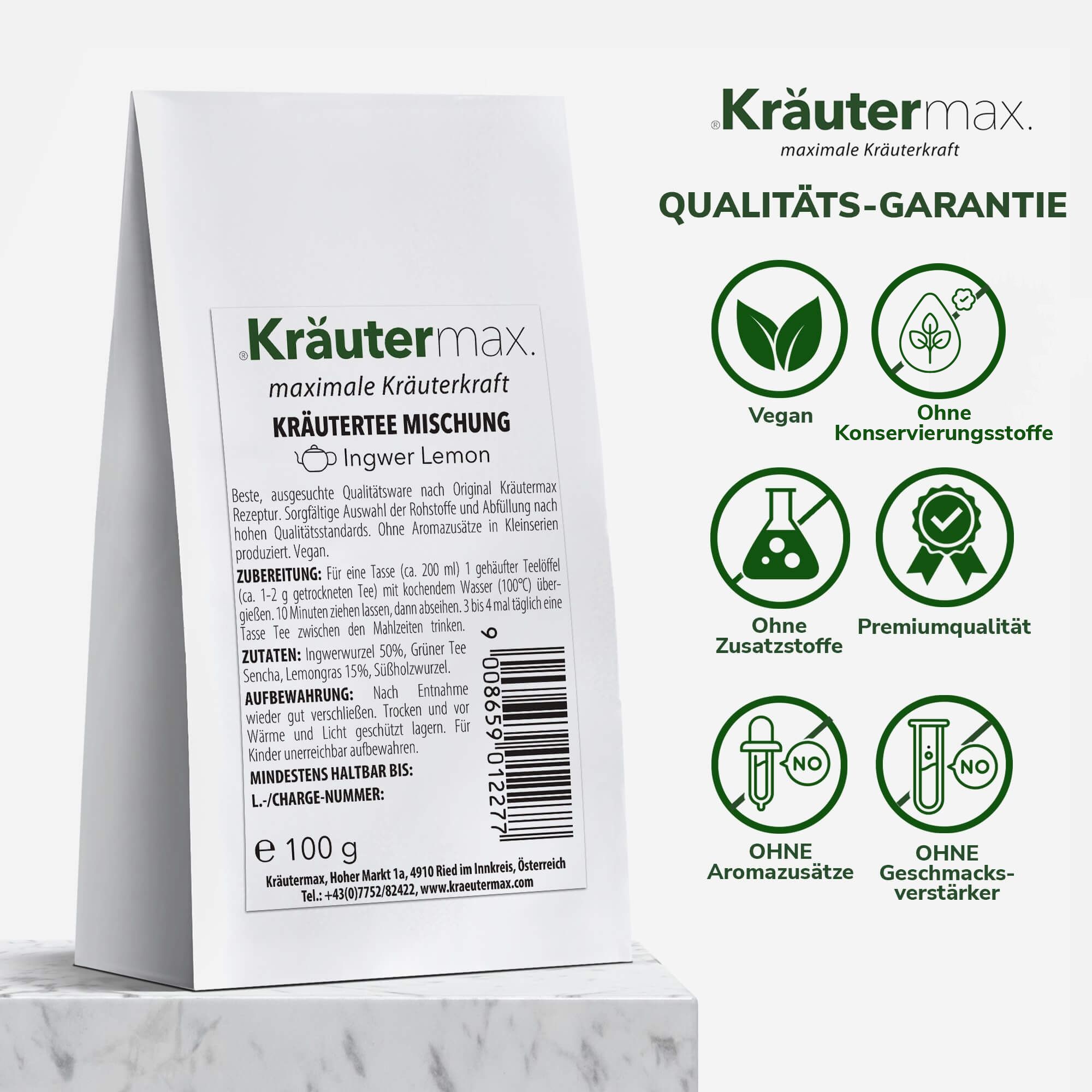 Kräutermax Kräutermischung Ingwer Lemon Tee in weißer Verpackung. Siegel: Vegan, Ohne Konservierungsstoffe, Ohne Zusatzstoffe.
