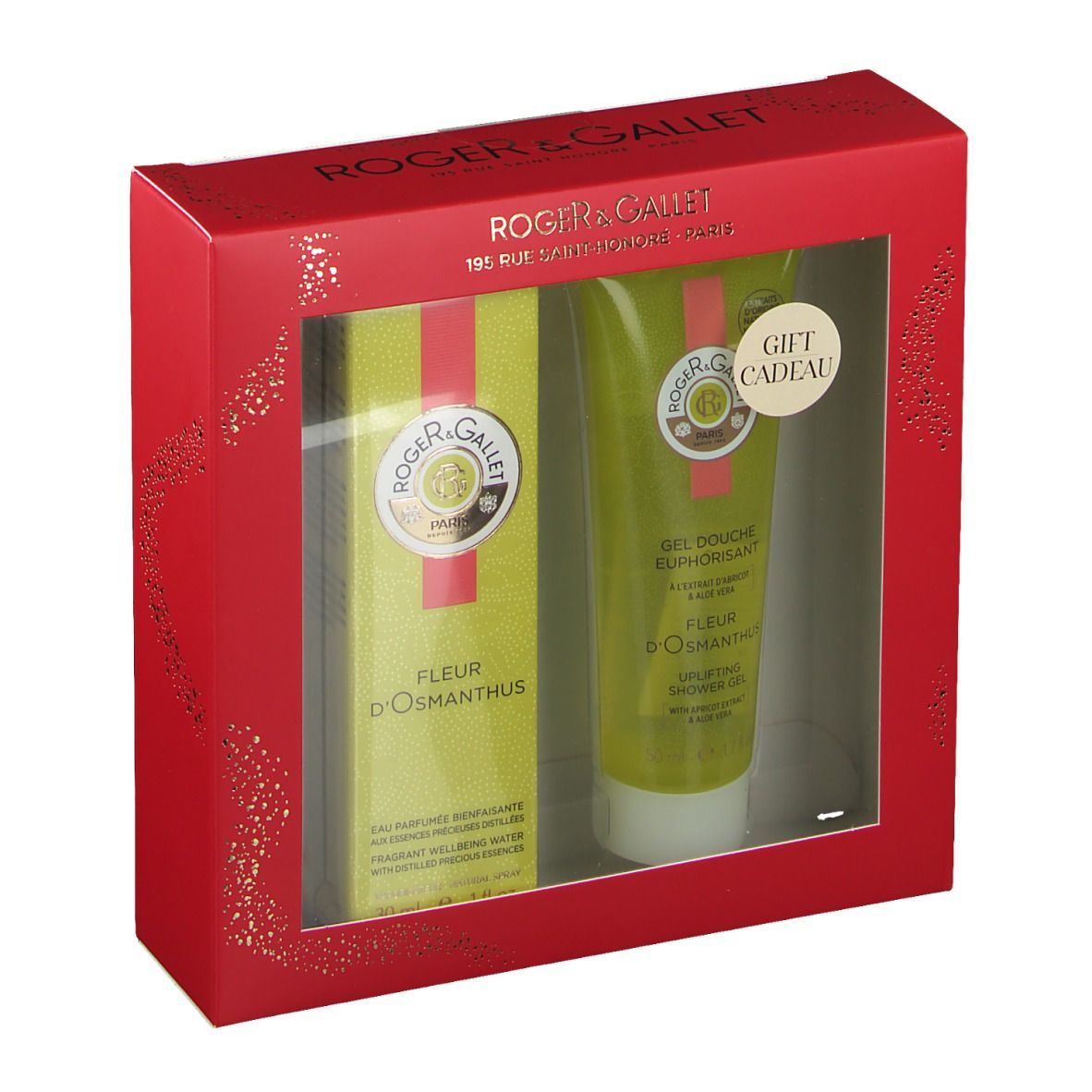 Geschenkset mit roter Verpackung. Enthält eine Flasche und eine Tube mit Produktnamen und Logo. Mit Sichtfenster.