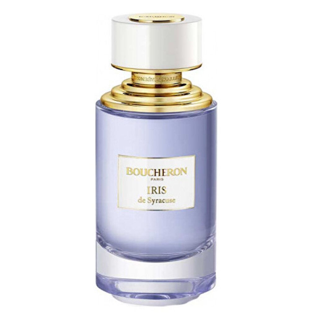 Parfümflasche mit goldener Kappe und hellblauer Flüssigkeit. Aufschrift: BOUCHERON PARIS, Iris de Syracuse.