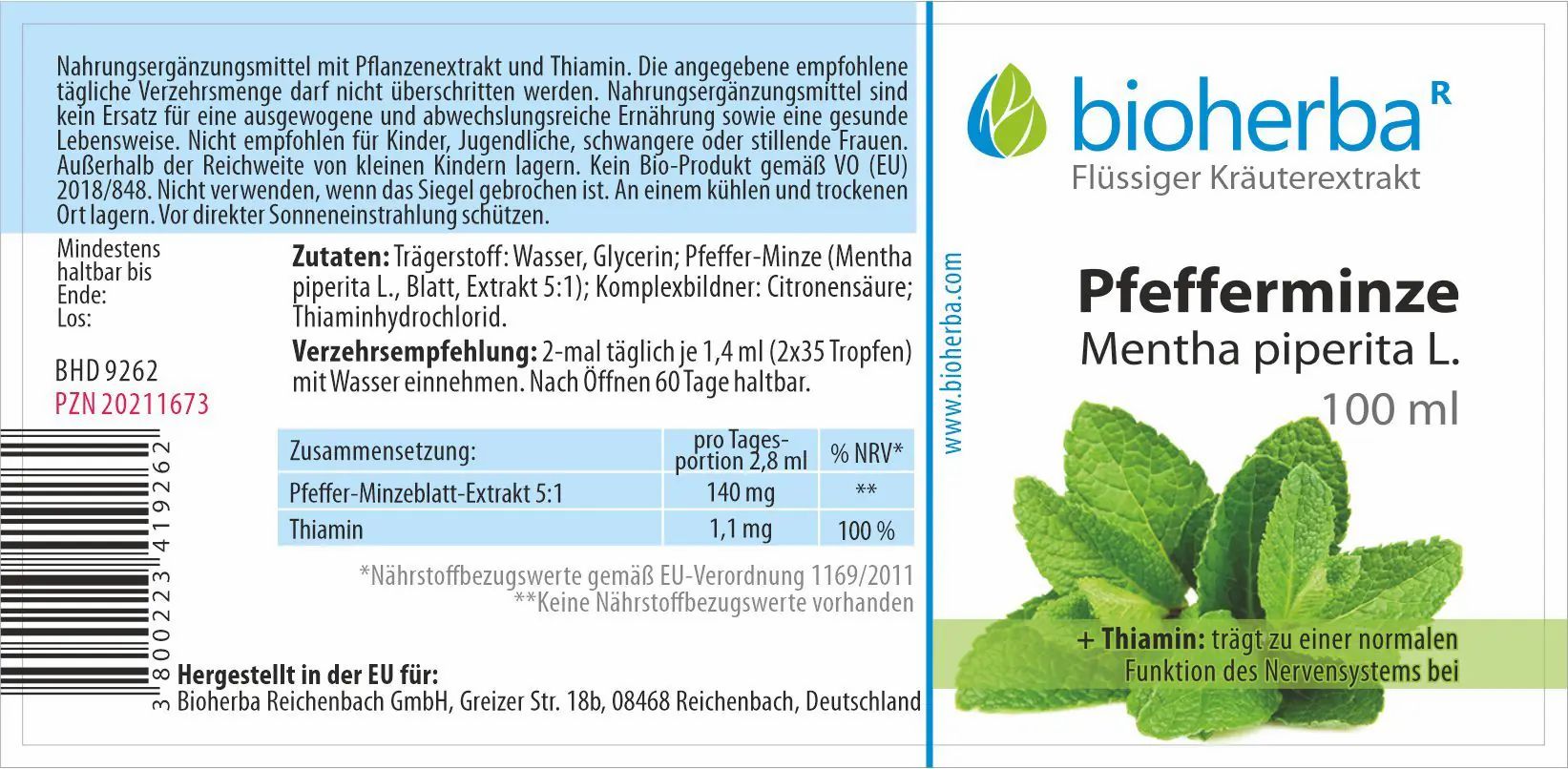 Etikett mit Produktinformationen. Pfefferminze Tinktur, 100 ml. Bioherba Logo. Text: Pfefferminze Mentha piperita L. Enthält Thiamin.