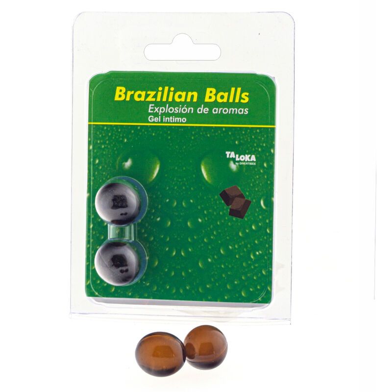 Zwei braune Kugeln und zwei dunkle Kugeln in einer Verpackung. Aufschrift: Brazilian Balls, Gel Intimo, Taloka.