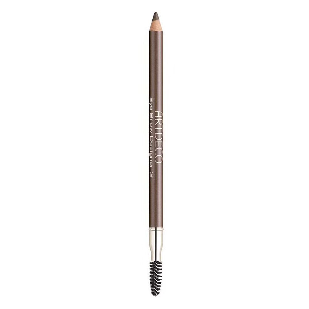 Artdeco Eye Brow Designer 3. Brauner Augenbrauenstift mit Bürste. Silberfarbener Ansatz. Spitze und Bürste sind sichtbar.
