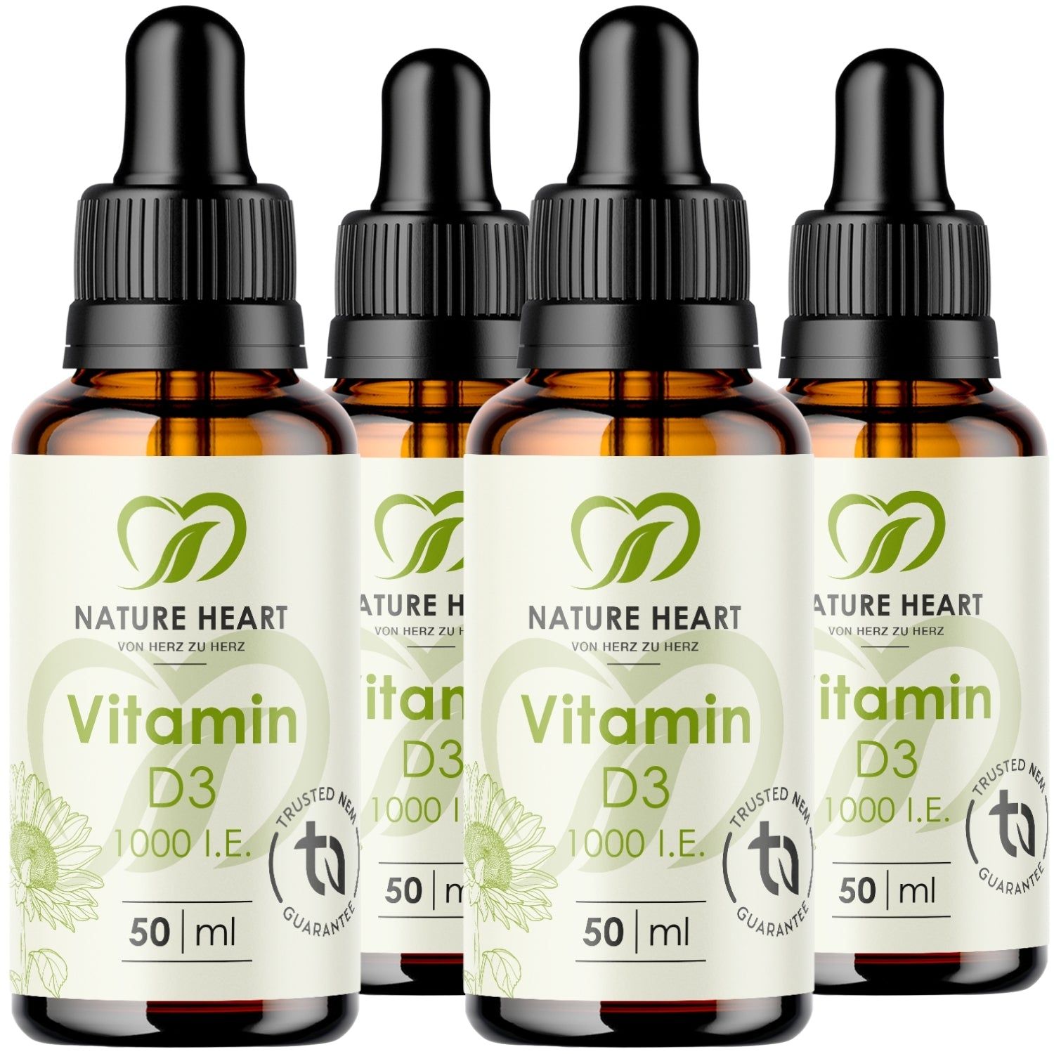 Vier Flaschen Nature Heart Vitamin D3 Tropfen, je 50 ml, mit Pipettenverschluss.