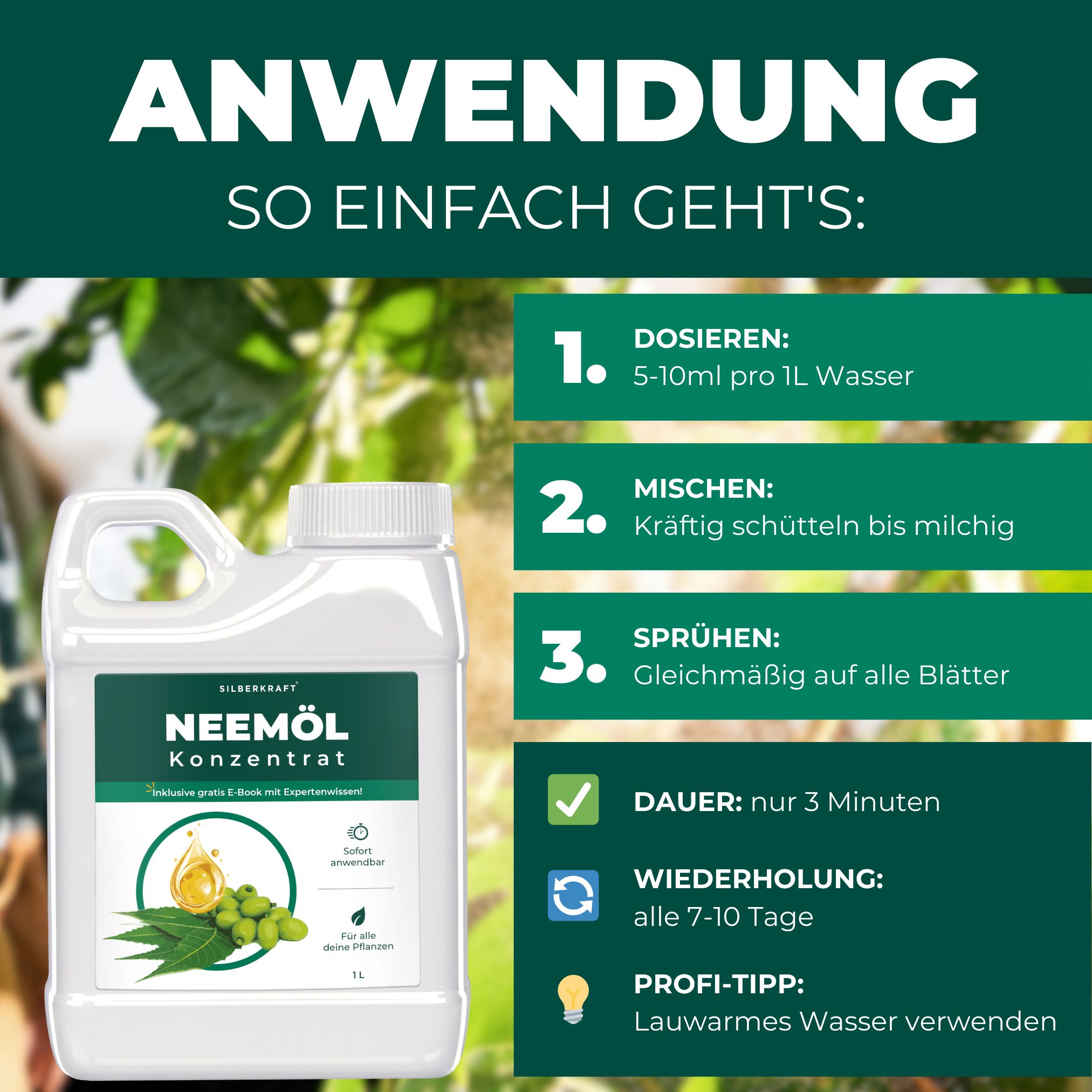 Anwendungshinweise. Text: Dosieren, Mischen, Sprühen. Abbildung des Produkts SILBERKRAFT Niemöl Konzentrat. Symbole für Dauer und Wiederholung.