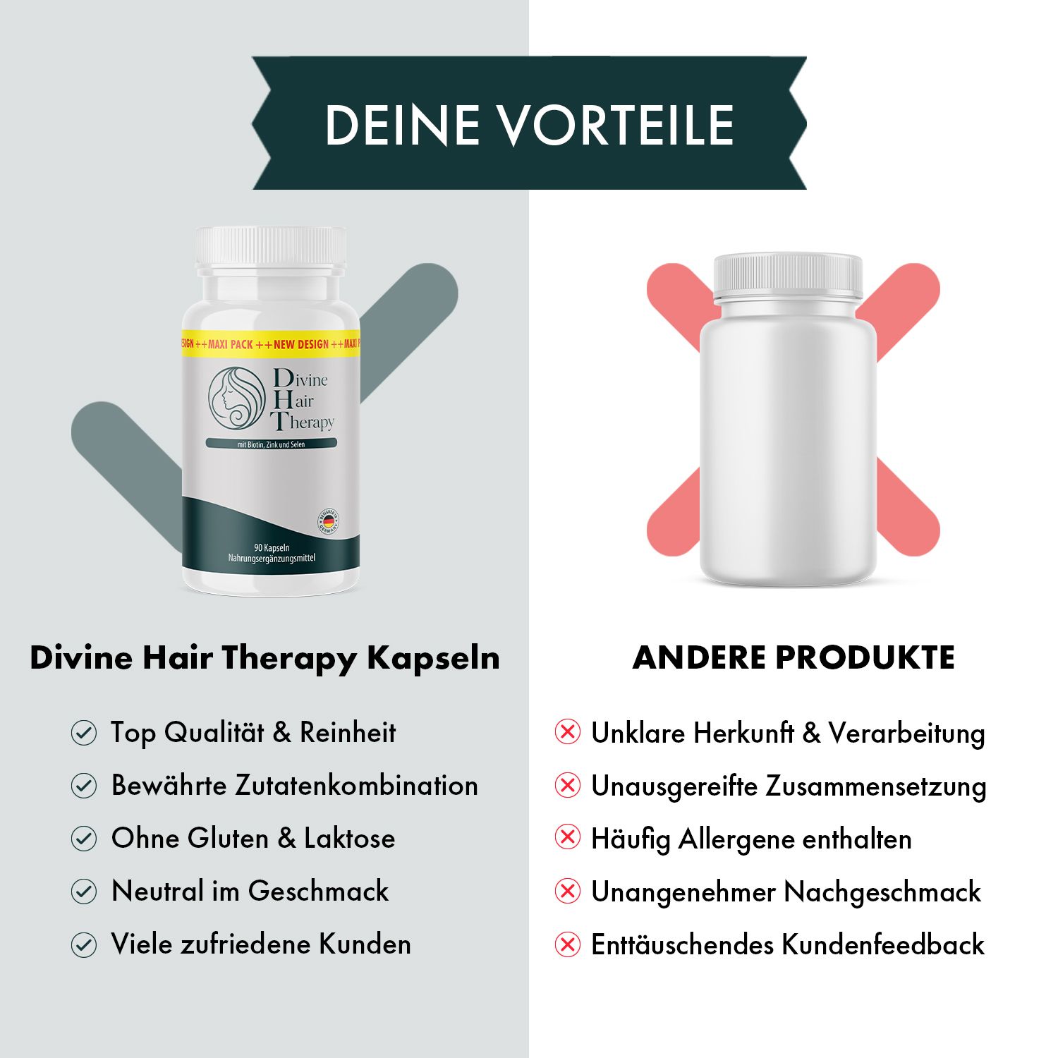 Vergleich: Divine Hair Therapy Kapseln (Qualität, rein, glutenfrei) vs. andere Produkte (unklar, Allergene).