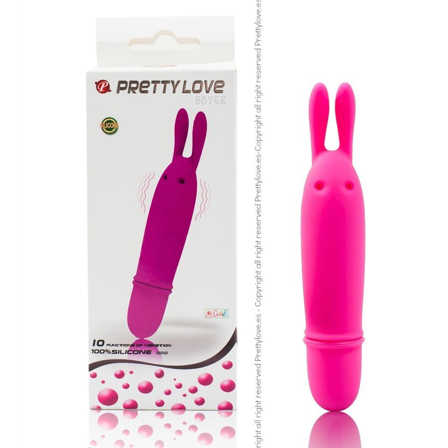 Stimulator in Pink mit Hasenohren und Verpackung. Aufschrift: PRETTY LOVE. 10 Funktionen, 100% Silikon.