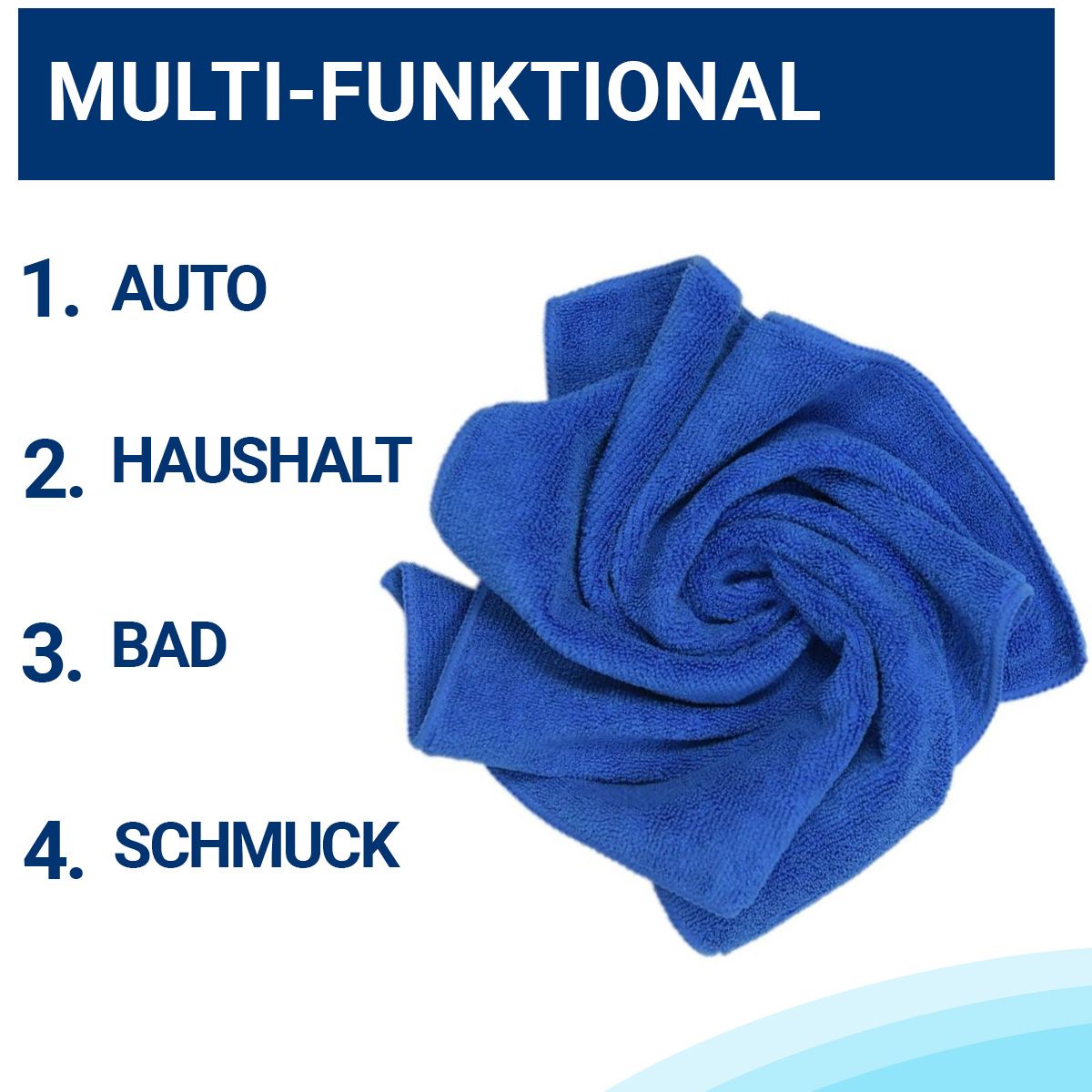 Blaues Mikrofasertuch, zerknittert. Text: Multi-Funktional, 1. Auto, 2. Haushalt, 3. Bad, 4. Schmuck.