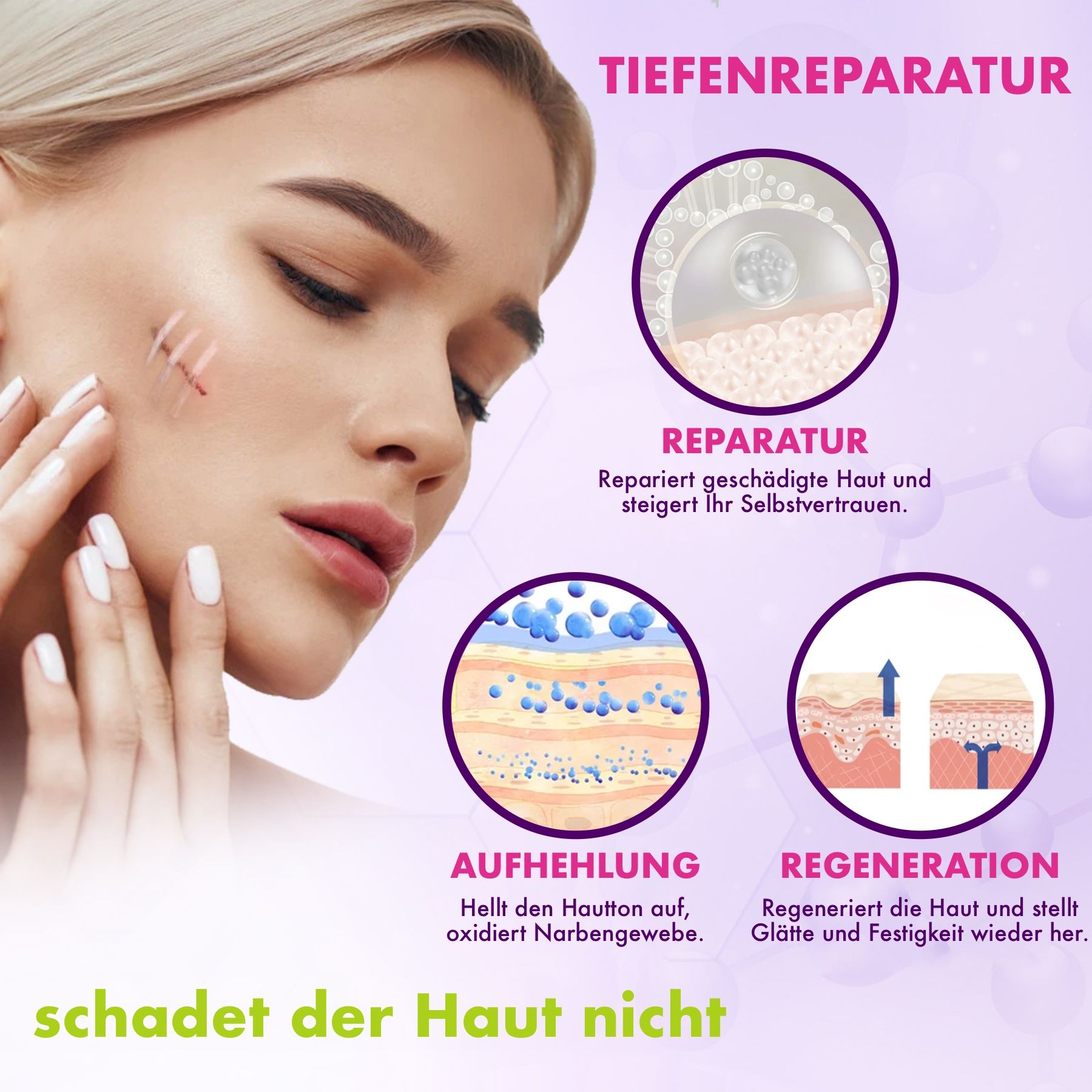 Grafische Darstellung der Tiefenreparatur der Haut. Illustrationen von Reparatur, Aufhellung und Regeneration.