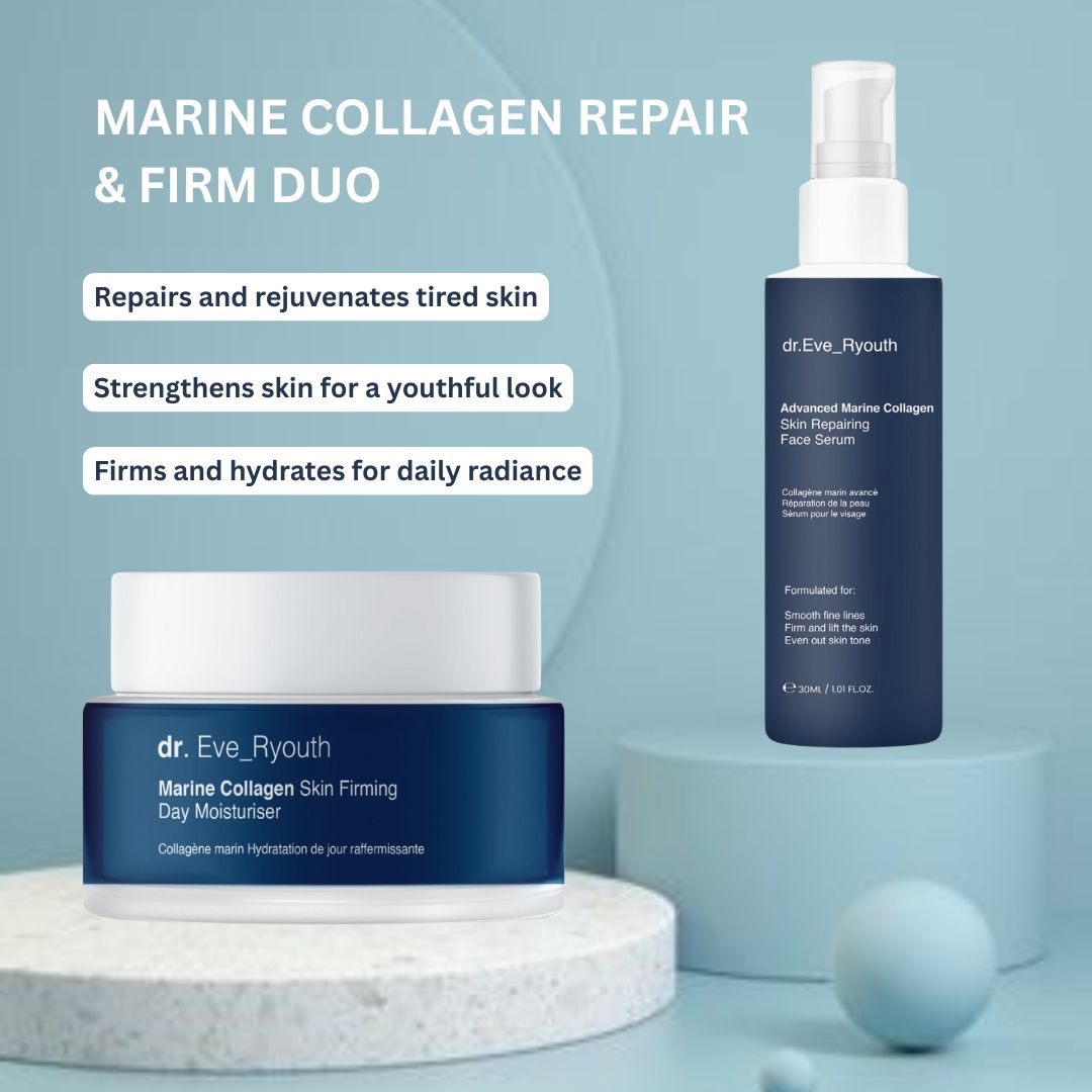 Zwei Kosmetikprodukte: Creme-Dose und Serumflasche, beide mit "dr. Eve_Ryouth"-Logo. Auf Podest platziert, mit Text über Marine Collagen Repair & Firm Duo.