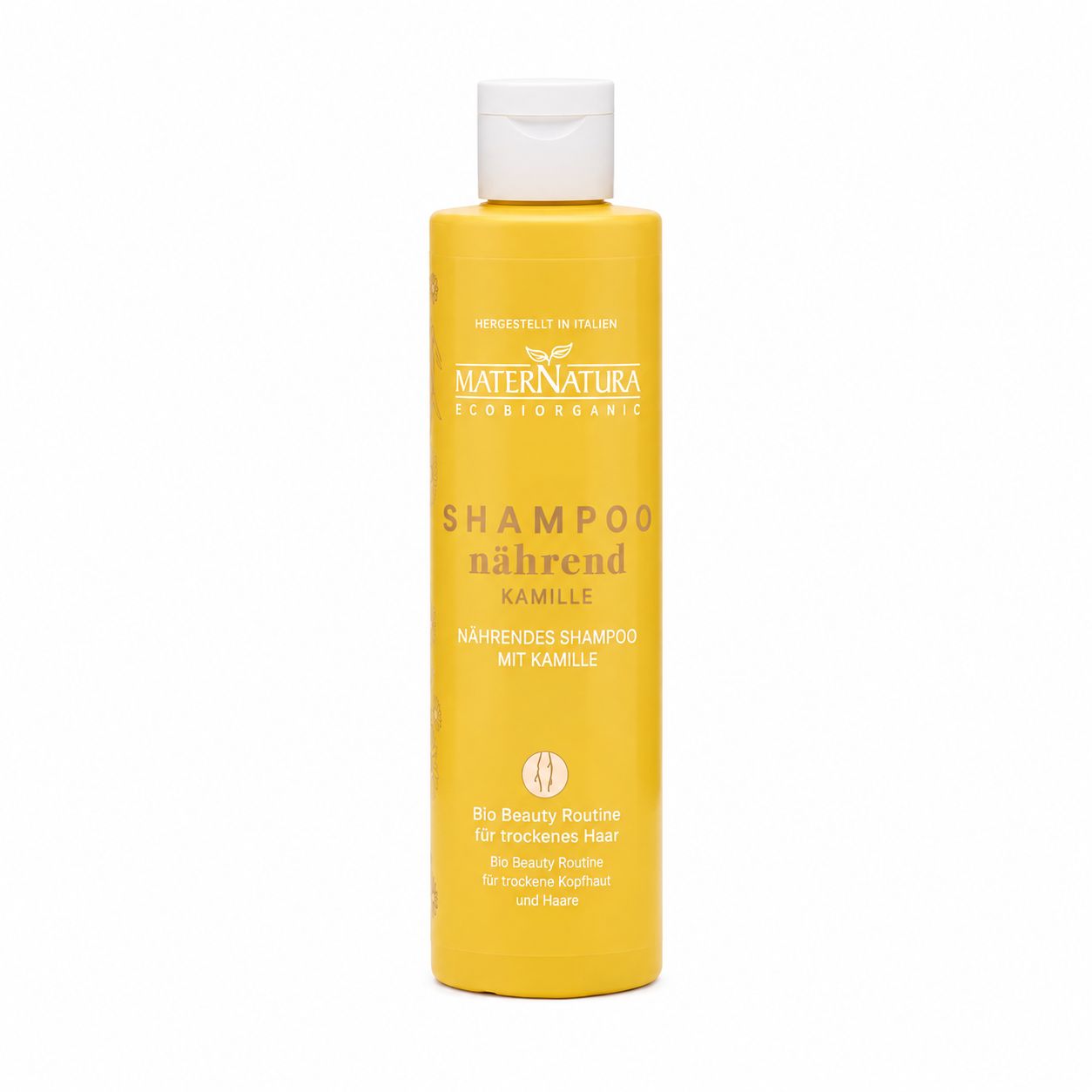 Gelbe Flasche MaterNatura Nährendes Kamillen Shampoo. Hergestellt in Italien. Für trockene Kopfhaut und Haare.