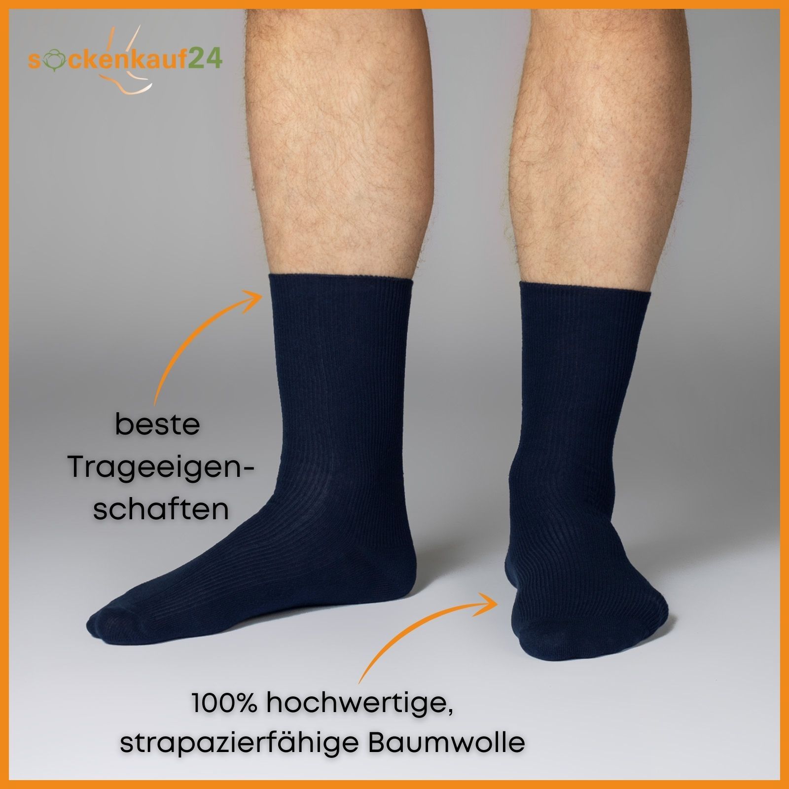 Blaue Socke am Bein. Beste Trageeigenschaften. 100% Baumwolle.