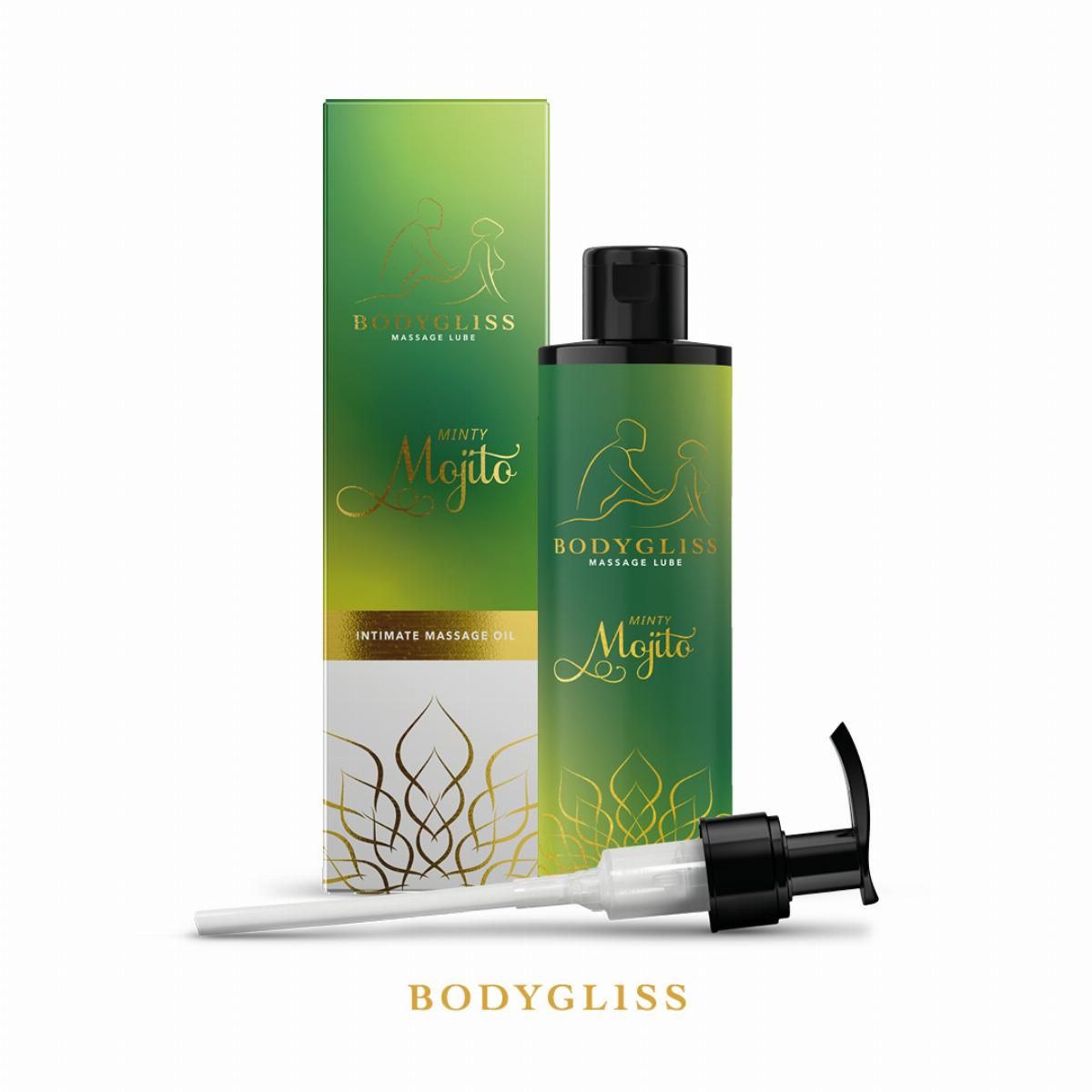 Grüne Flasche und Verpackung mit "BodyGliss Minty Mojito". Illustration von zwei Personen. Mit Dosierpumpe.
