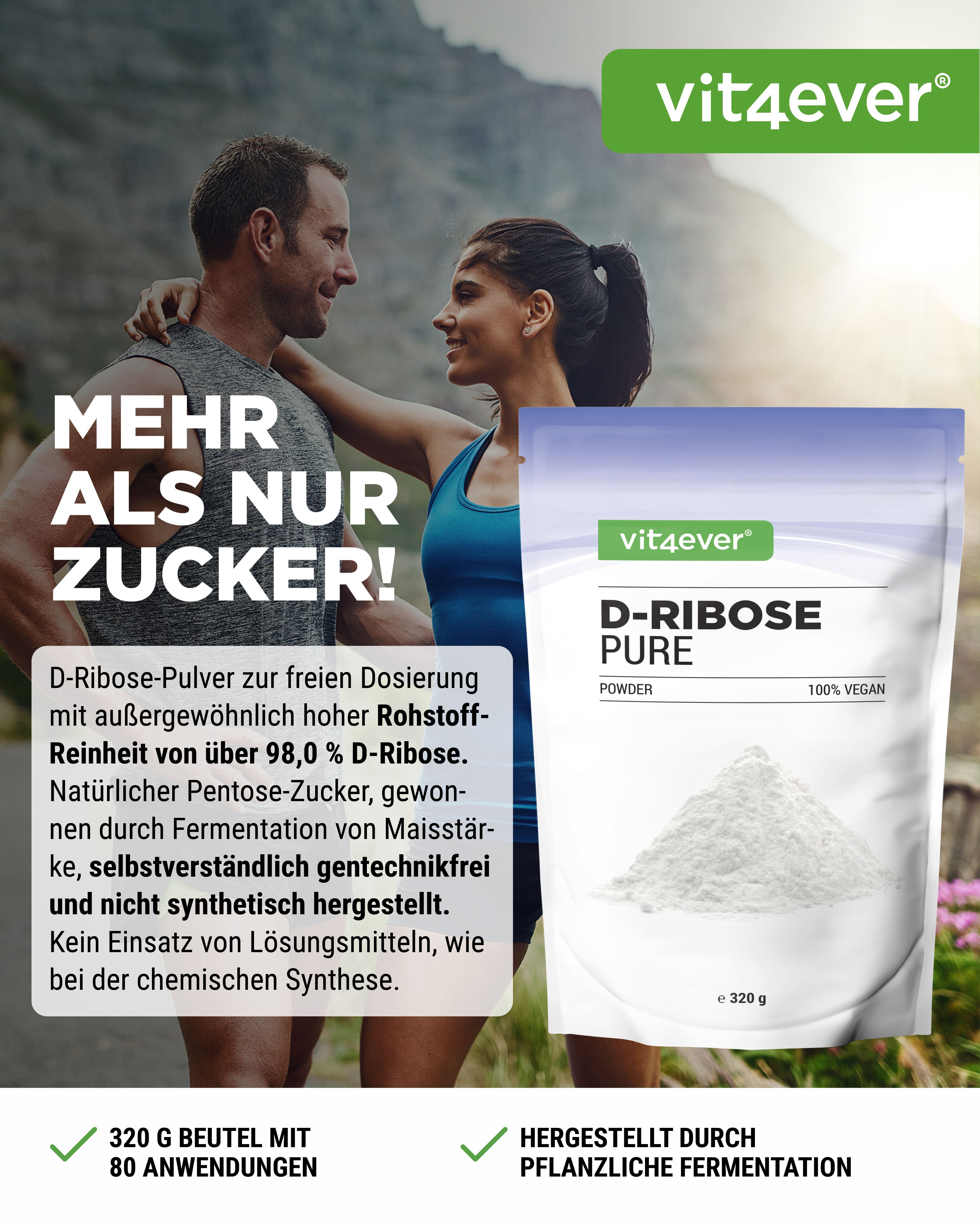 Beutel mit D-Ribose-Pulver. Aufschrift: D-Ribose Pure, 100% vegan. Grün-weißes Design. Text: Mehr als nur Zucker!