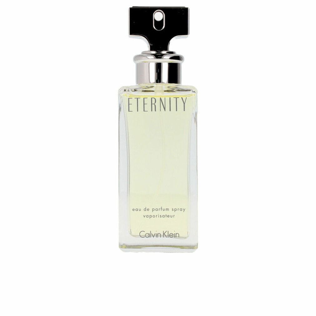 Rechteckiger Flakon mit silberfarbenem Verschluss. Aufschrift 'Eternity' und 'Calvin Klein'.