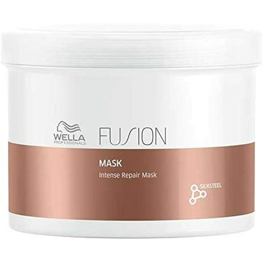 Weißer Tiegel mit kupferfarbenem Band. Aufschrift: FUSION Mask, Intense Repair Mask. Logo: Wella Professionals.