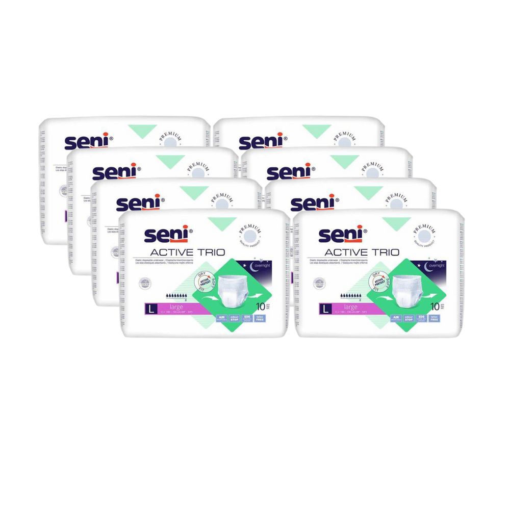 Mehrere Packungen Seni Active Trio. Weiße Verpackung mit Produktlogo und Größenangabe L. Nacht-Symbol.
