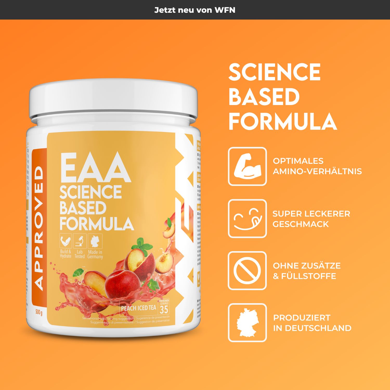 Weißes Produktglas mit gelbem Etikett. Aufschrift: EAA Science Based Formula. Abbildung von Pfirsichen. Logo: WFN Approved.