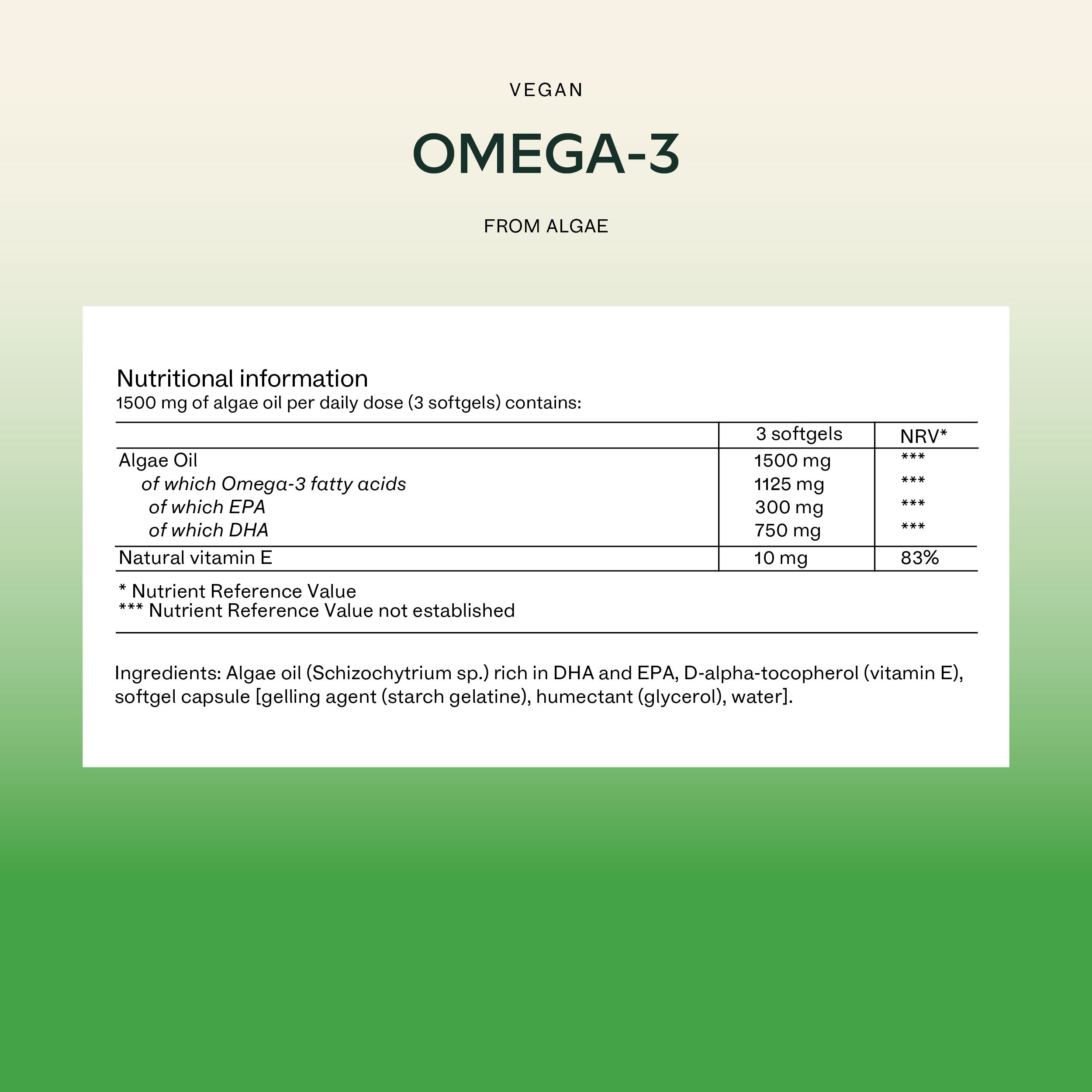 Text auf grünem Hintergrund. Enthält Informationen über Omega-3 aus Algen und Nährwertangaben.