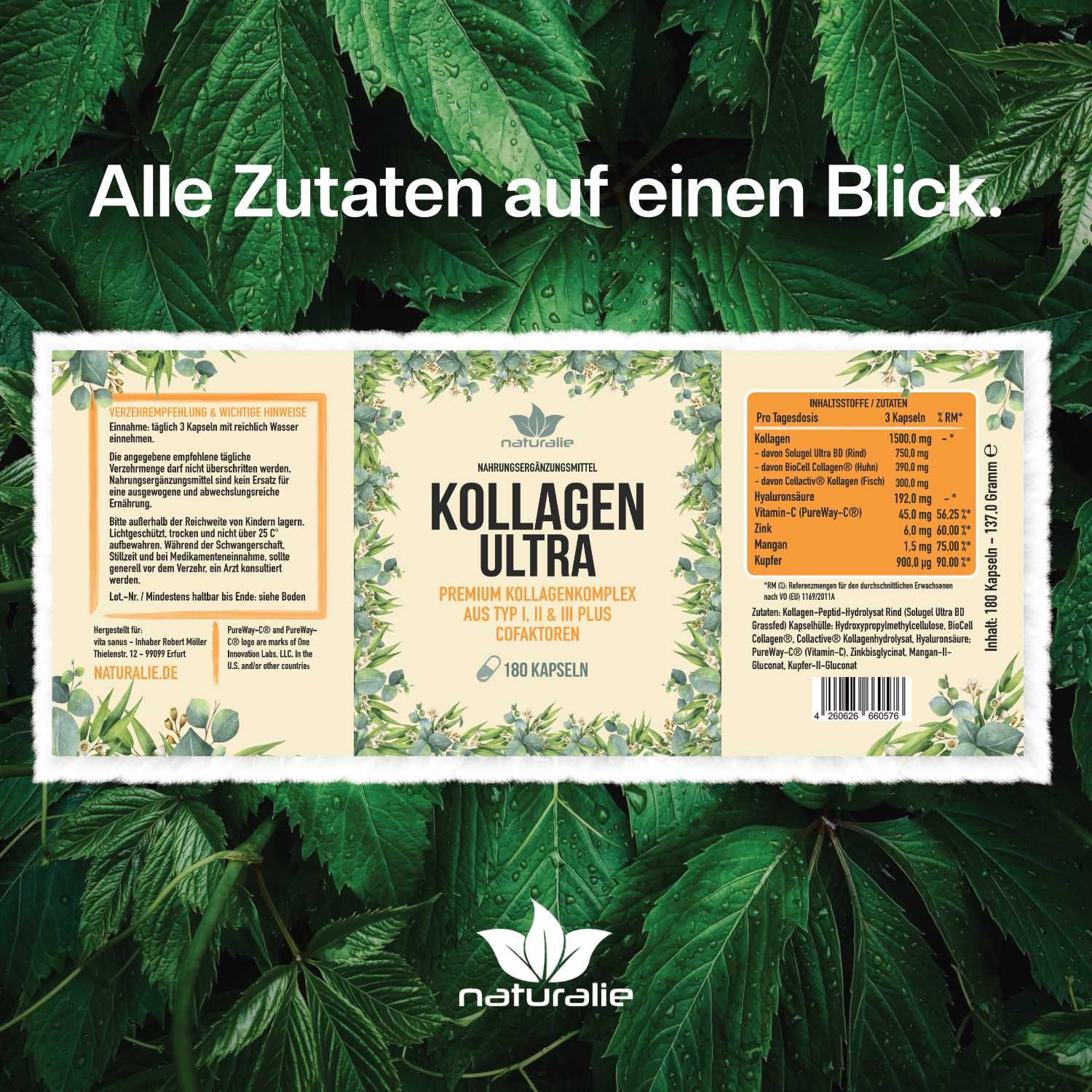 Etikett für Kollagen Ultra Premium Kollagenkomplex Kapseln, 180 Stück, umgeben von grünen Blättern.