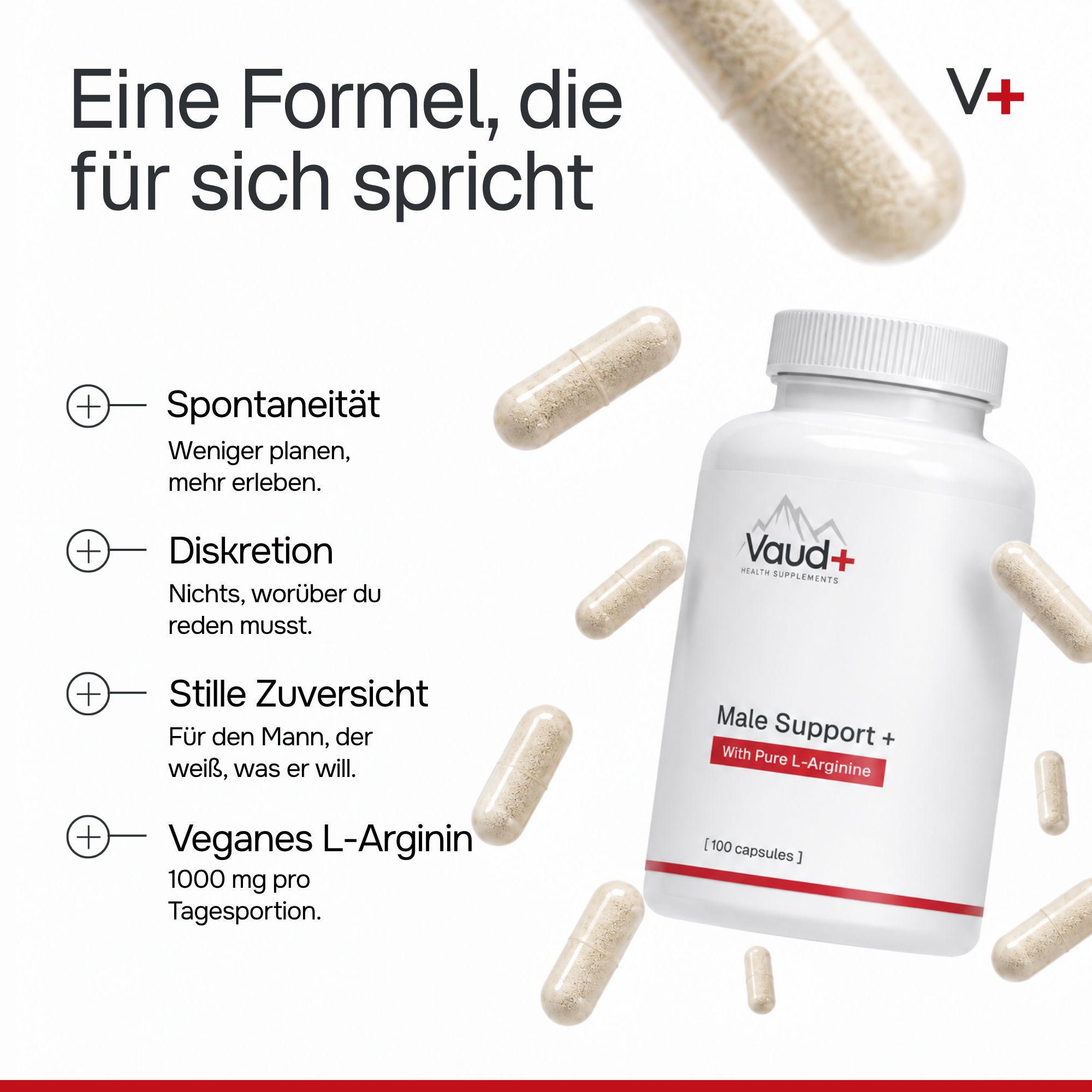Eine weiße Flasche mit Vaud+ Male Support Kapseln und Text über Spontaneität, Diskretion, Zuversicht und L-Arginin.