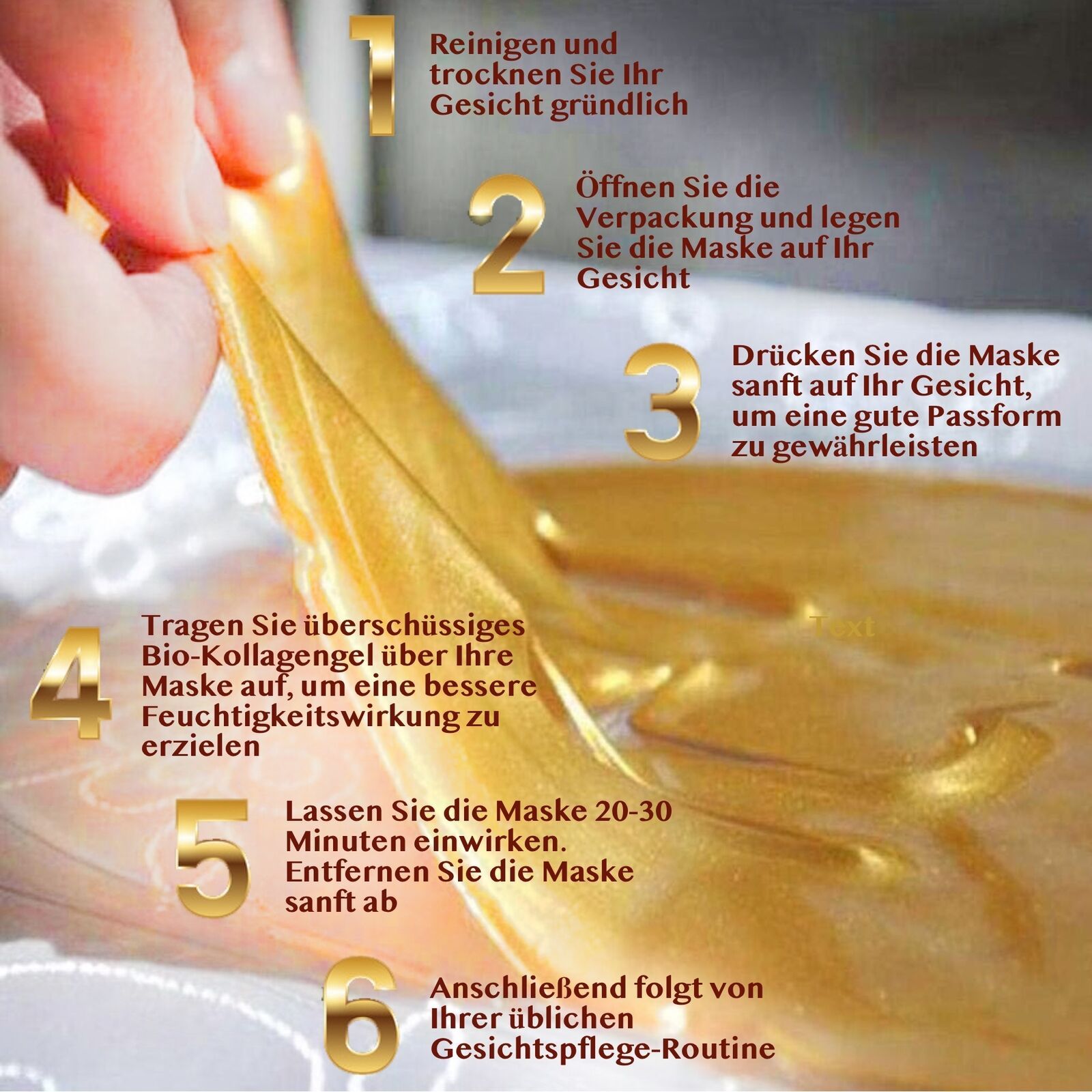 Goldfarbene Gesichtsmaske wird von Hand abgezogen. Anweisungen in deutscher Sprache: Reinigen, öffnen, andrücken, auftragen, einwirken lassen, Gesichtspflege.