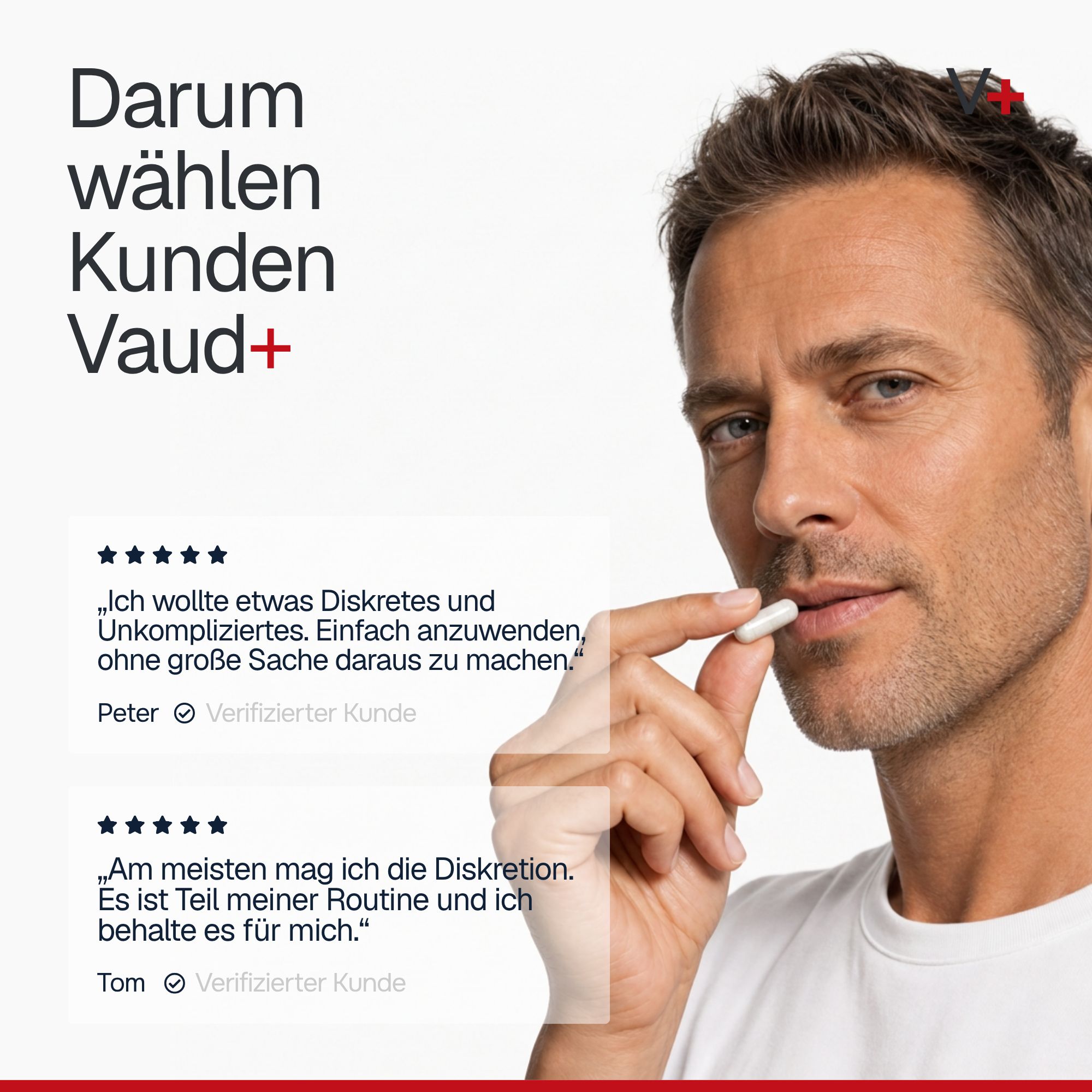 Nahaufnahme eines Mannes, der eine weiße Kapsel hält. Kundenbewertungen sind im Hintergrund sichtbar.