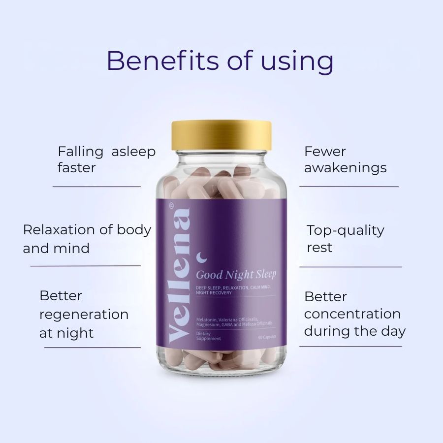 Glasflasche mit Kapseln. Lila Etikett mit Text: Vellena, Good Night Sleep. Vorteile: schneller einschlafen, weniger Aufwachen, besserer Schlaf.