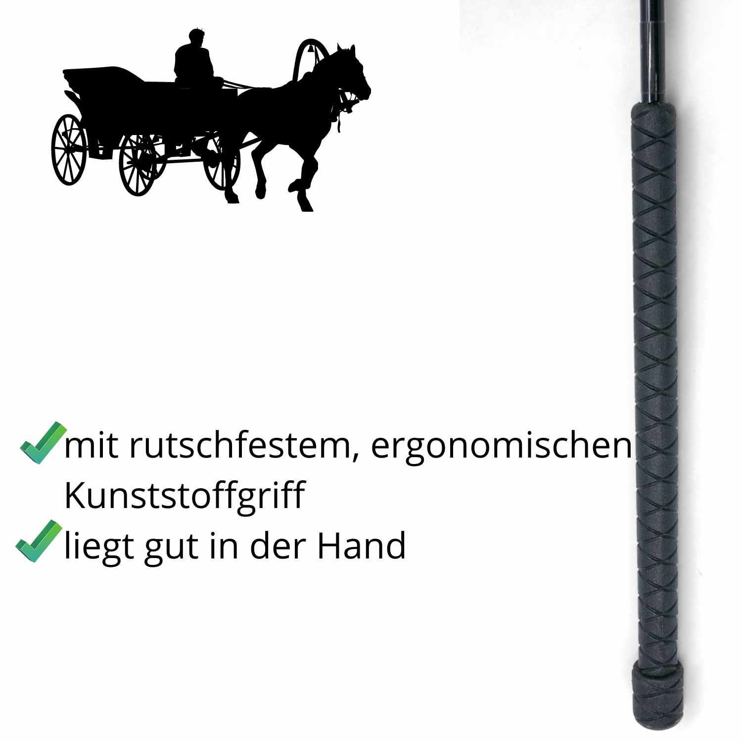 Fahrpeitsche mit rutschfestem, ergonomischem Kunststoffgriff. Schwarzer Griff mit geprägtem Muster. Silhouette von Kutsche und Pferd.
