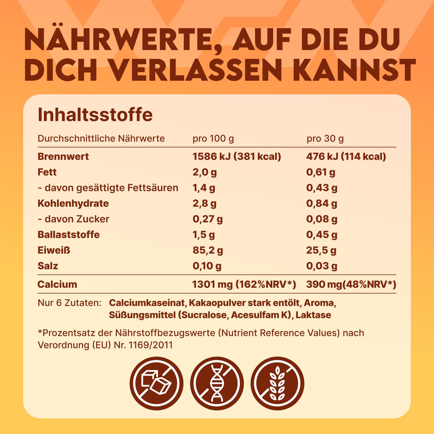 Nährwerttabelle mit Angaben pro 100g und 30g. Enthält Brennwert, Fett, Kohlenhydrate, Ballaststoffe, Eiweiß, Salz und Calcium.