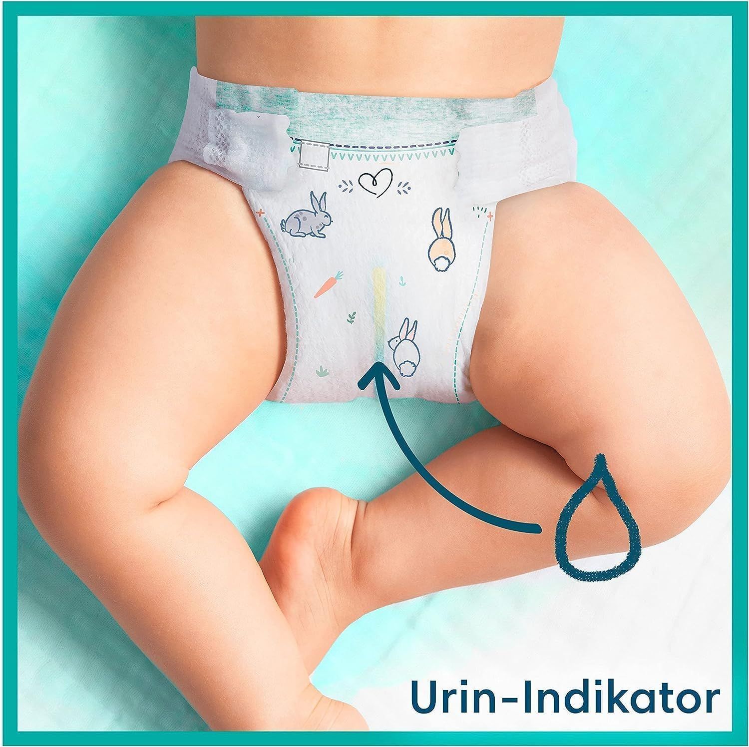 Baby mit Windel. Windel mit Hasen-Motiv und Herzchen. Urin-Indikator.