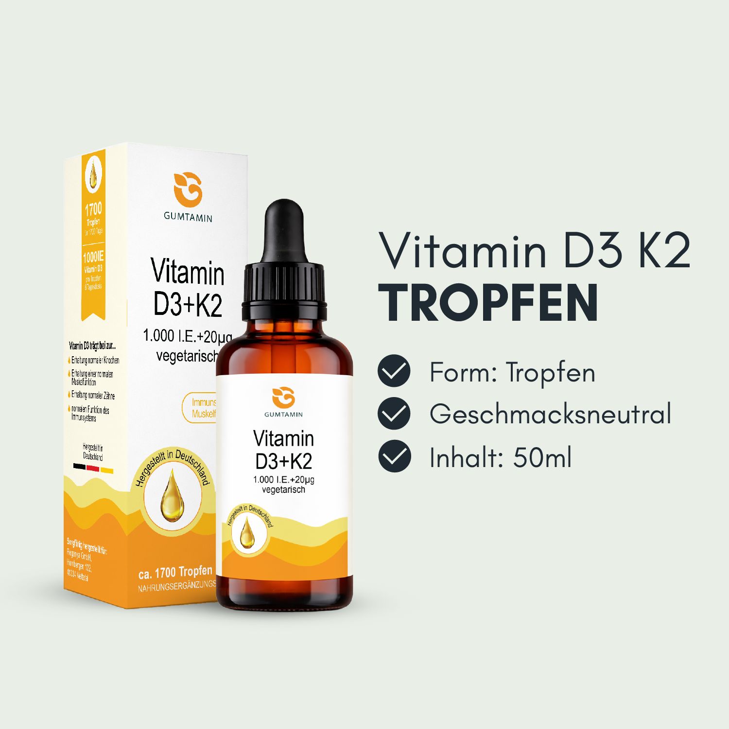 Braune Glasflasche mit Tropfer und Karton. Aufschrift: Gumtamin Vitamin D3 K2 Tropfen. Form: Tropfen, geschmacksneutral, Inhalt: 50ml.