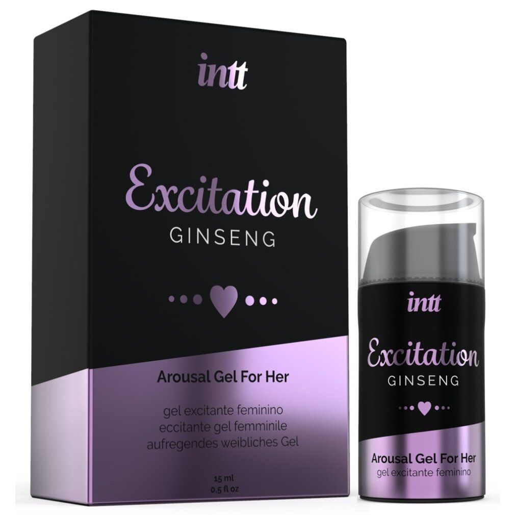 Schwarze Verpackung und Flasche. Aufschrift: Excitation Ginseng. Text: Arousal Gel For Her. 15 ml. Flasche mit Pumpe.
