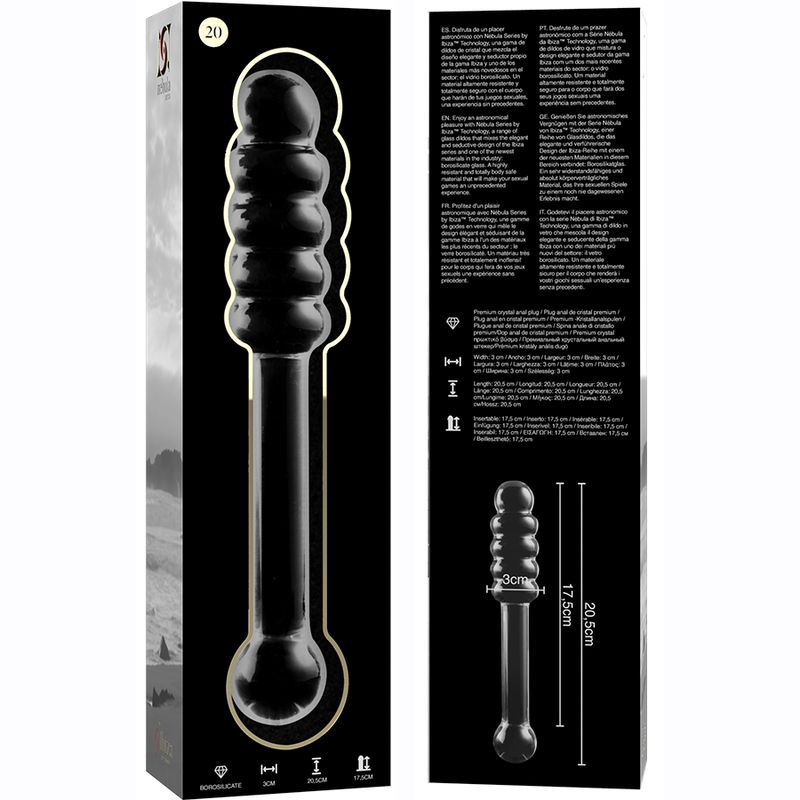 Borosilikatglas-Dildo, 20,5 cm lang, mit geripptem Kopf und kugelförmigem Griff.