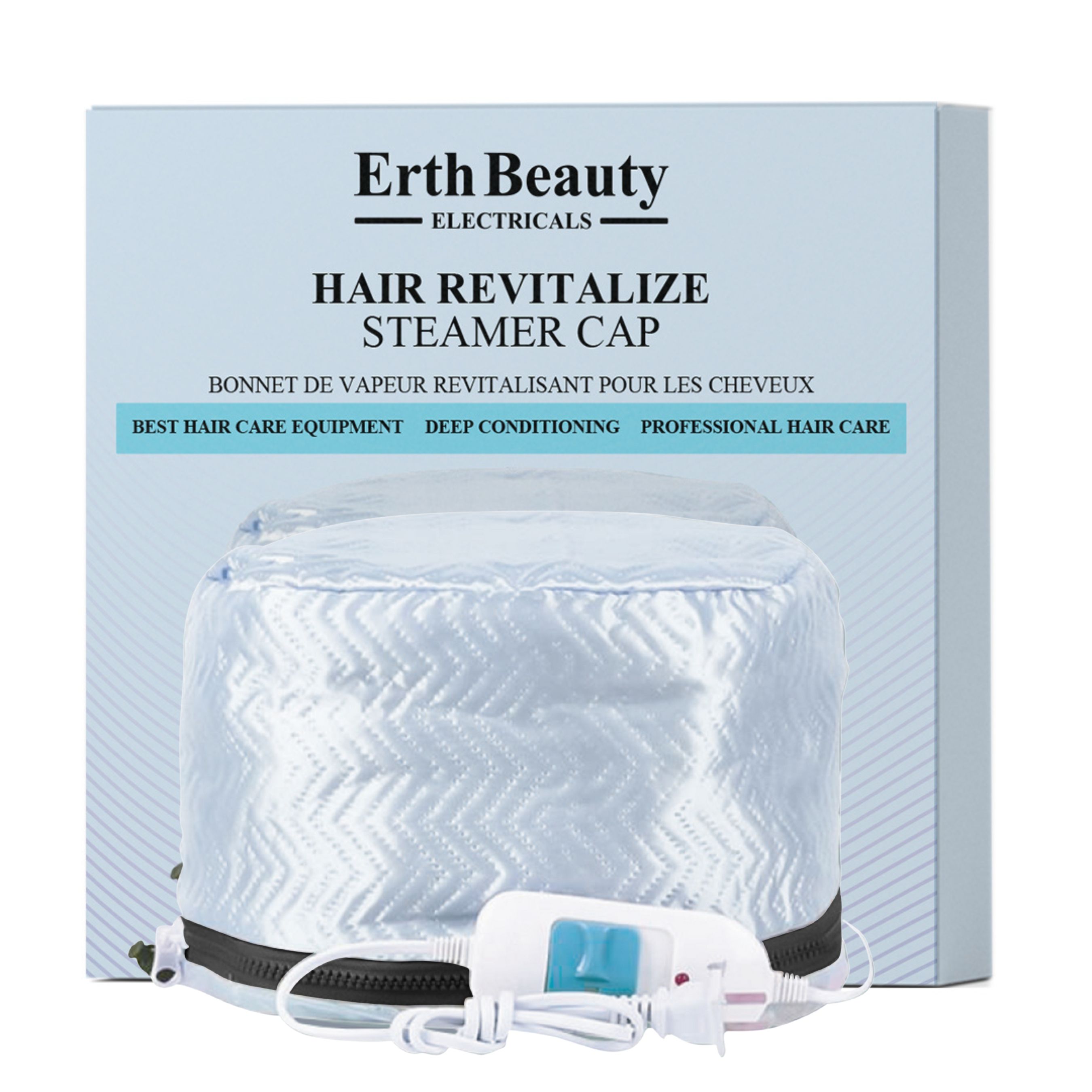 Verpackung und elektrische Dampfhaube für die Haarpflege, Marke 'Erth Beauty'.