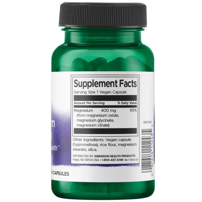Rückseite der Swanson Triple Magnesium Complex Kapseln. Enthält Supplement Facts und Inhaltsstoffe.