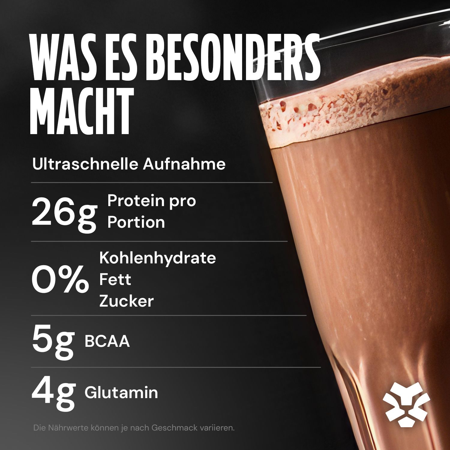 Glas mit Schokoladengetränk. 26g Protein pro Portion, 0% Kohlenhydrate, Fett, Zucker. 5g BCAA, 4g Glutamin.
