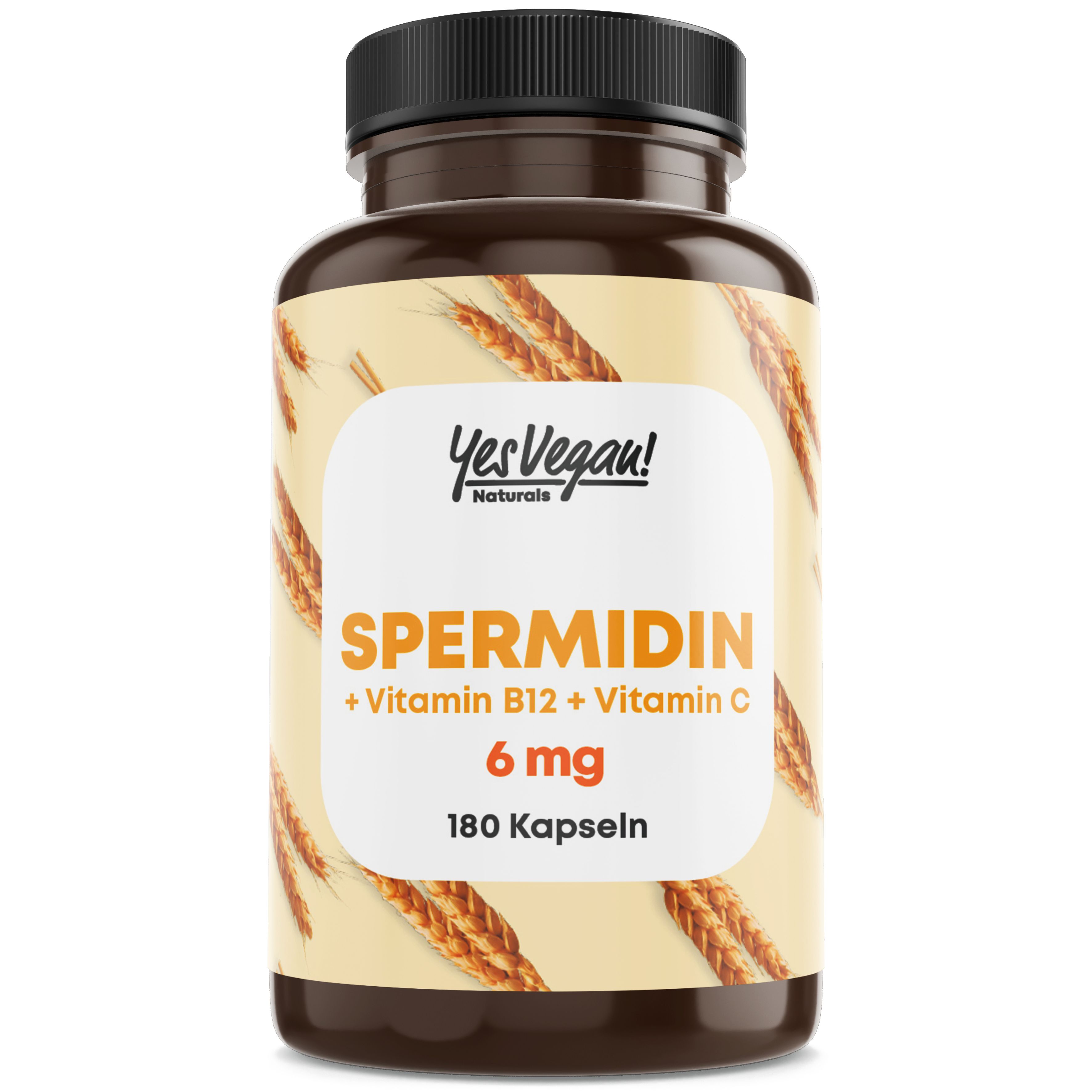 Braune Flasche mit Spermidin, Vitamin B12 und C. 180 Kapseln. Gelbes Etikett mit Produktinformationen.