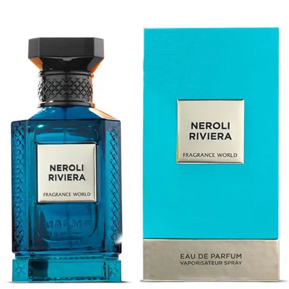 Blaues Parfümflakon und Schachtel. Aufschrift: Neroli Riviera, Fragrance World. Eau de Parfum, Vaporisateur Spray.