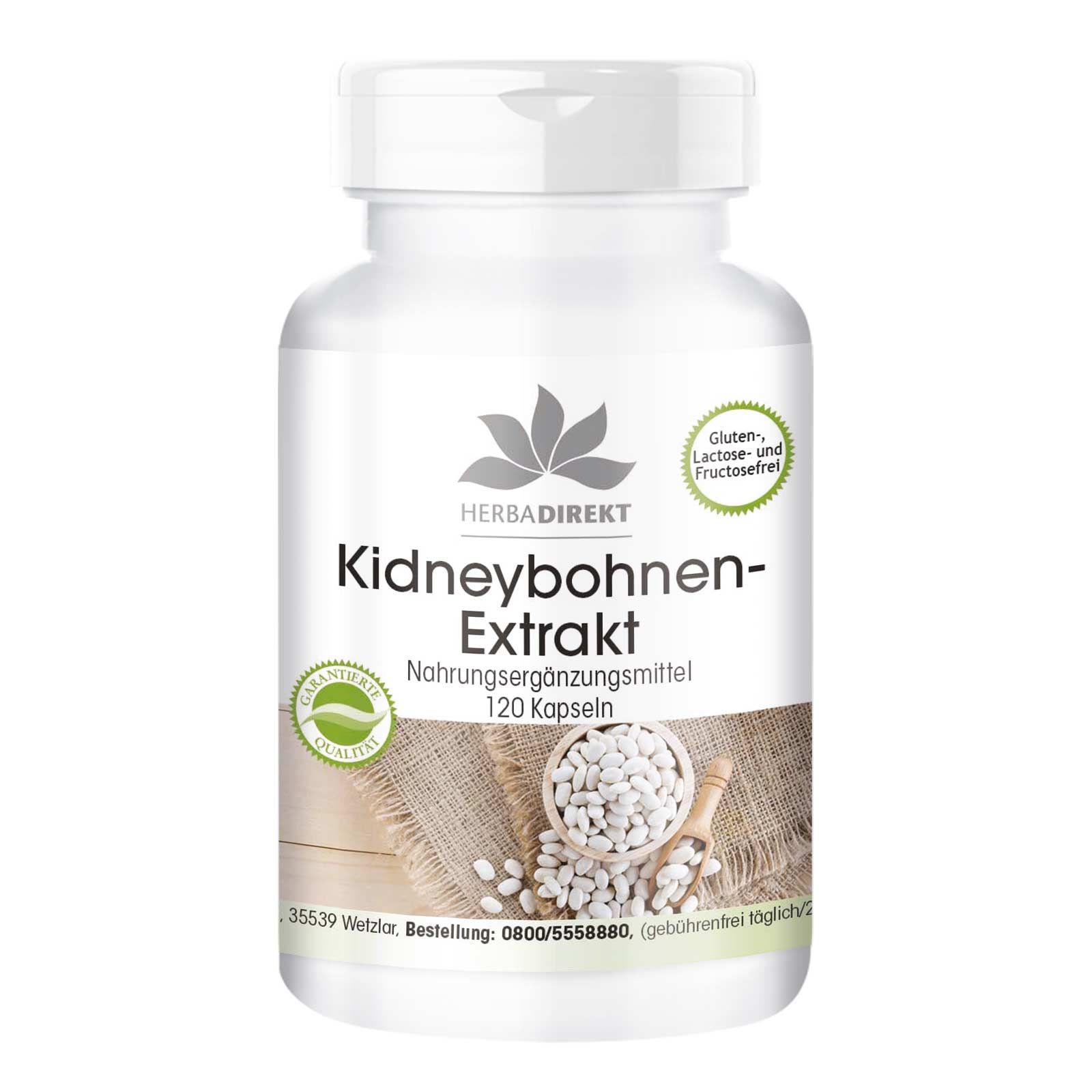 Weiße Kapseln in weißer Flasche. Aufschrift: Kidneybohnen-Extrakt. Logo: Herbadirekt. Gluten-, Laktose- und Fructosefrei.