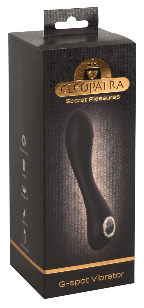 Verpackung. Schwarzer Karton mit Produktabbildung und Text: Cleopatra, G-Punkt Vibrator.