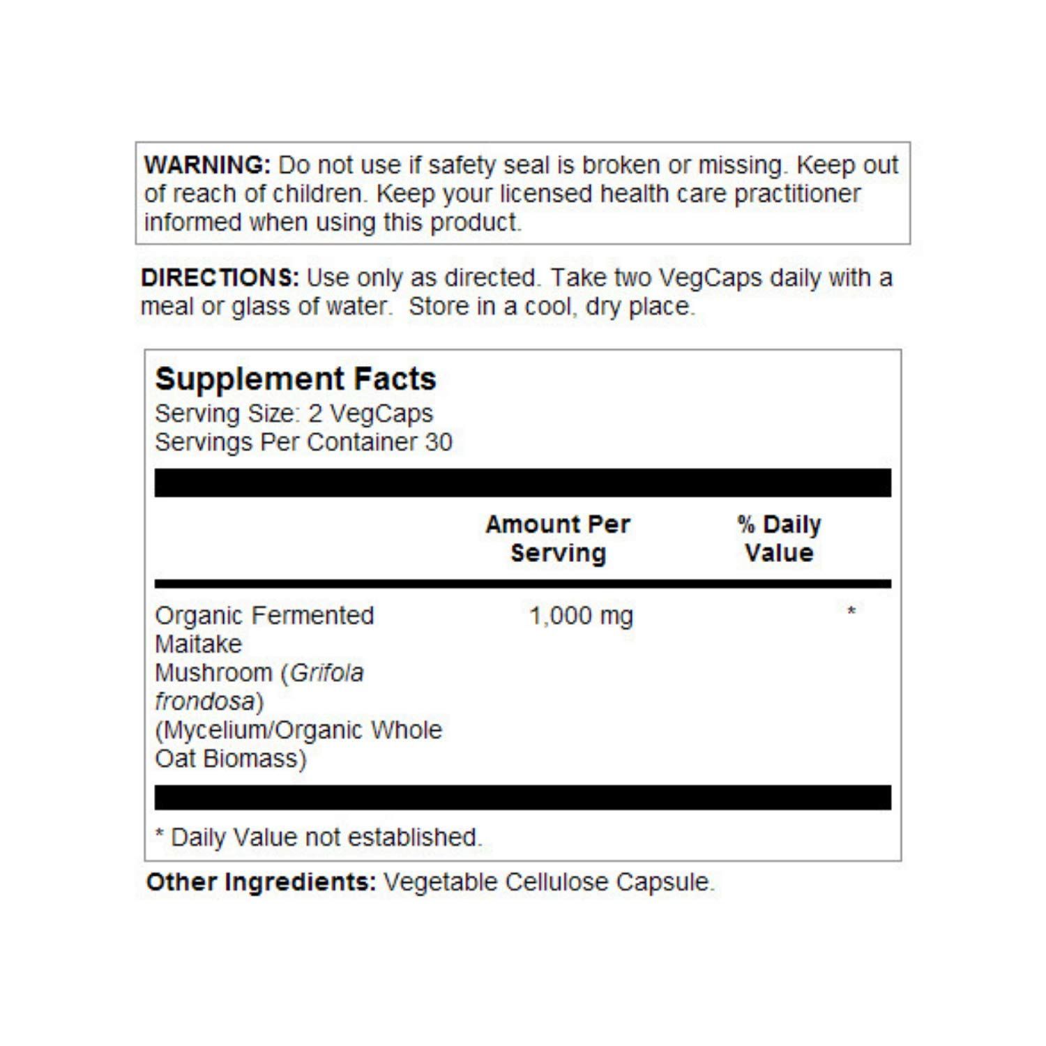 Nahrungsergänzungsmittel-Etikett mit Nährwertangaben. Enthält 1.000 mg Organic Fermented Maitake pro Portion. Gebrauchsanweisung.