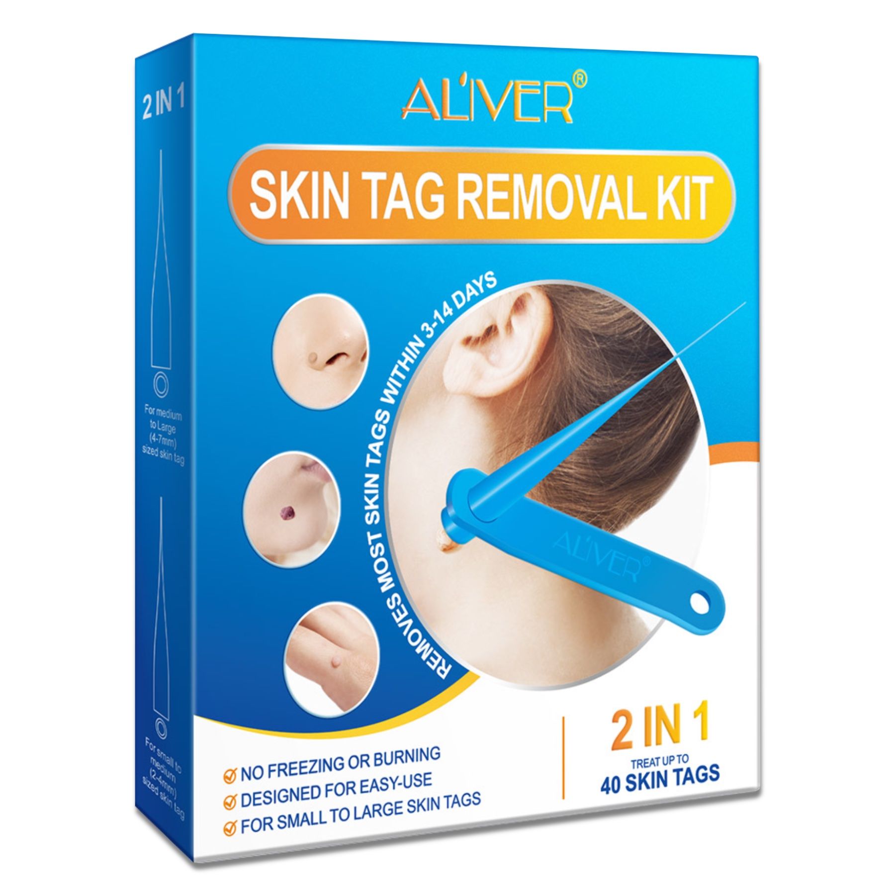 Blau-weiße Produktverpackung. Enthält einen Applikator und Abbildungen zur Anwendung. Text: ALIVER, Skin Tag Removal Kit, 2 in 1.
