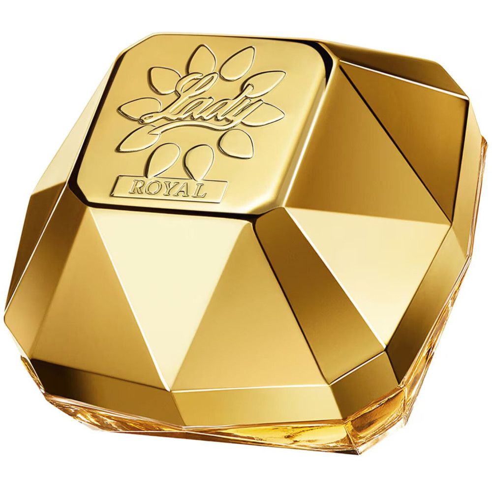 Goldfarbener Flakon. Aufschrift: Lady Million Royal.
