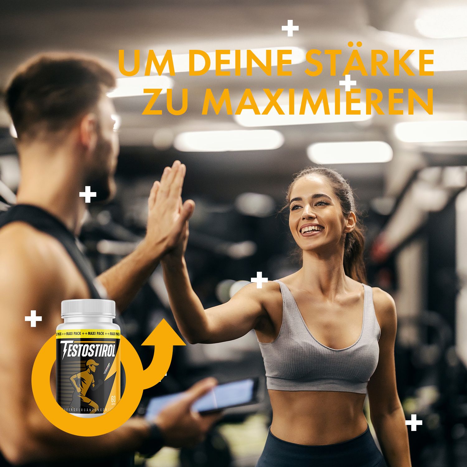 Zwei Personen geben sich High Five. Flasche Testostirol im Vordergrund. Text: Um deine Stärke zu maximieren.