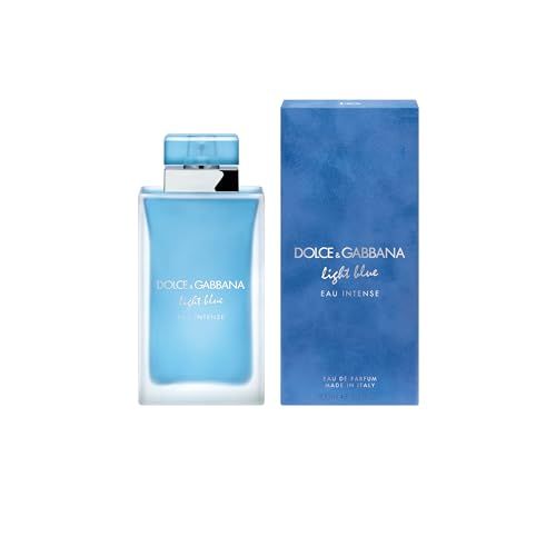 Hellblaues Parfümflakon und Schachtel. Aufschrift: Dolce & Gabbana Light Blue Eau Intense. Hergestellt in Italien.